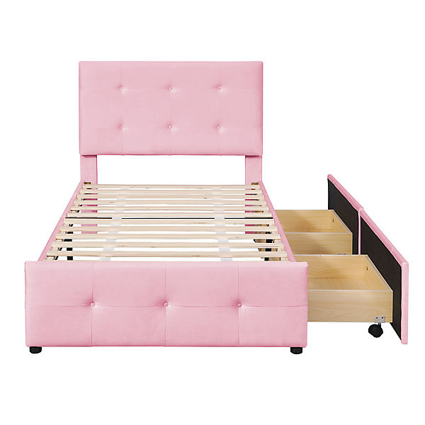 Lit adulte lit 90x200 cm lit rembourré lit 2 tiroirs lit sommier à lattes Single tissu en velours rose