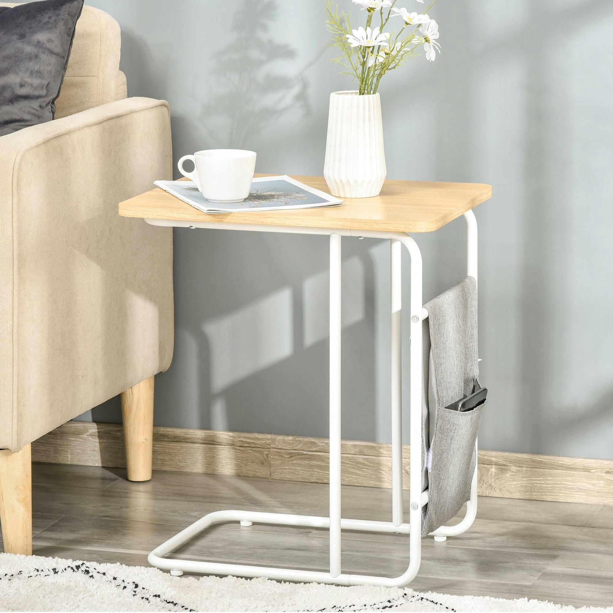 - Table basse d'appoint 2 pochettes tissu métal blanc aspect bois clair