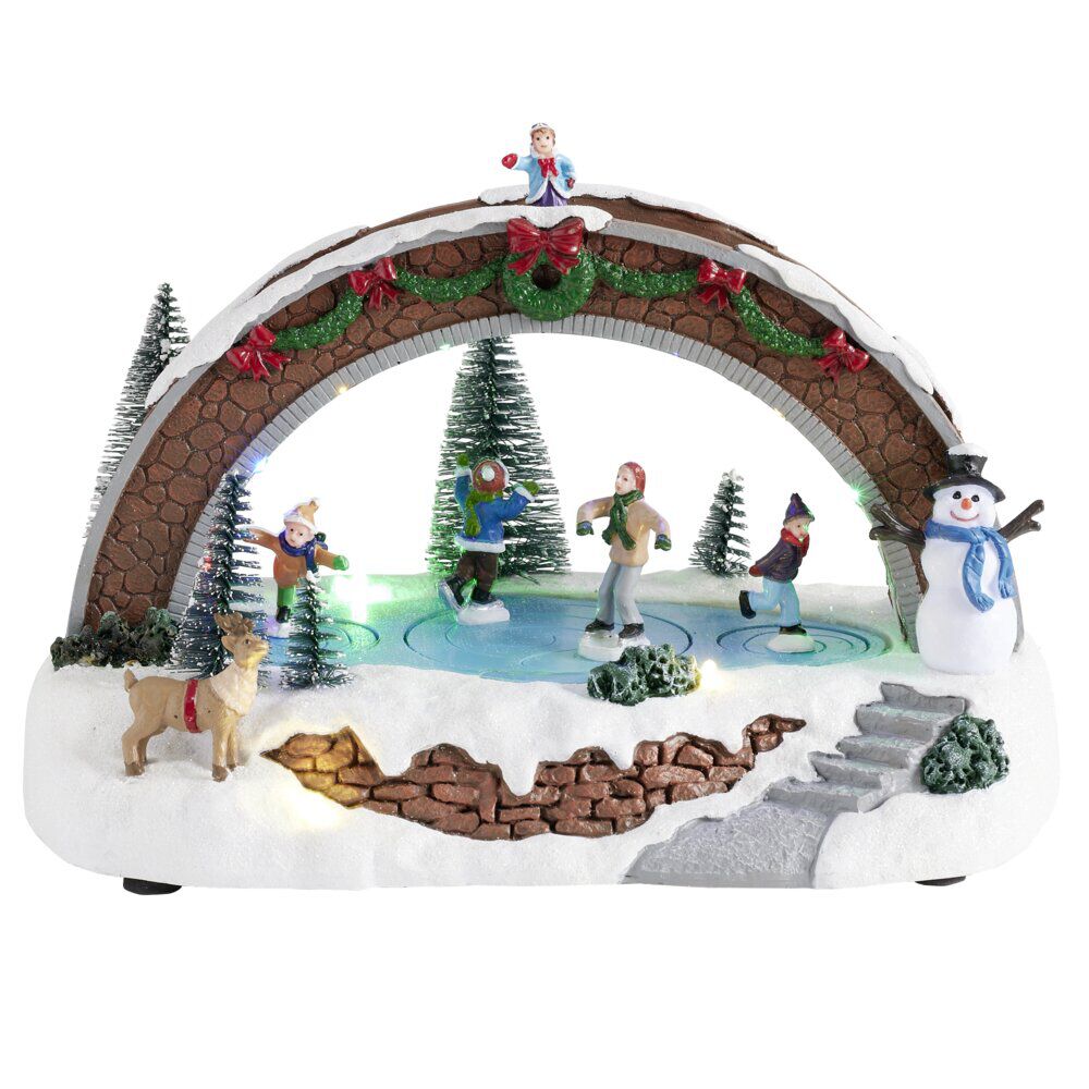 Village de No&euml;l animé LED scène lac et pont 26,5x16xH18,5cm