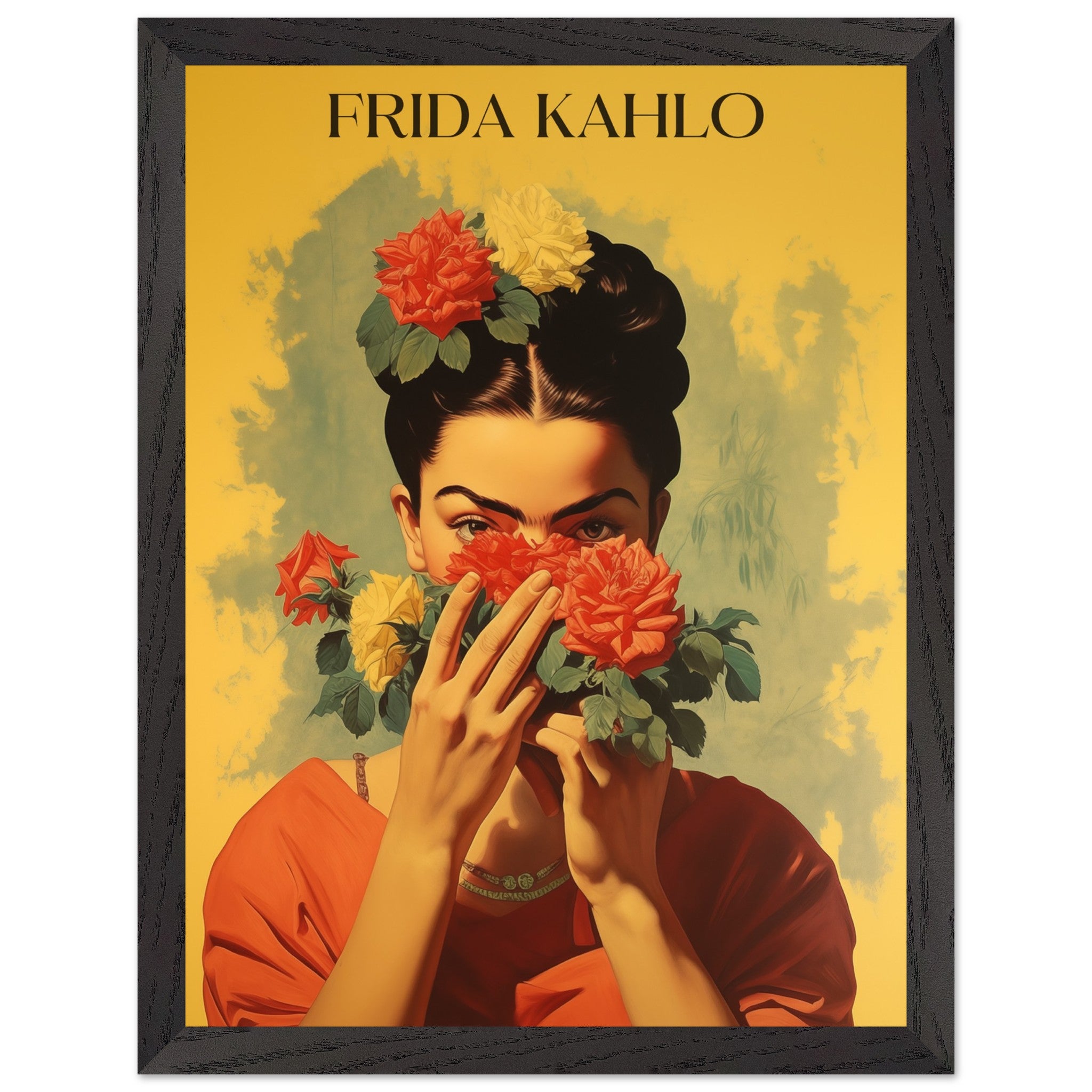 Artfulprints Poster met Lijst Frida Kahlo - Behind the bloom  - 30x40 cm - Geel