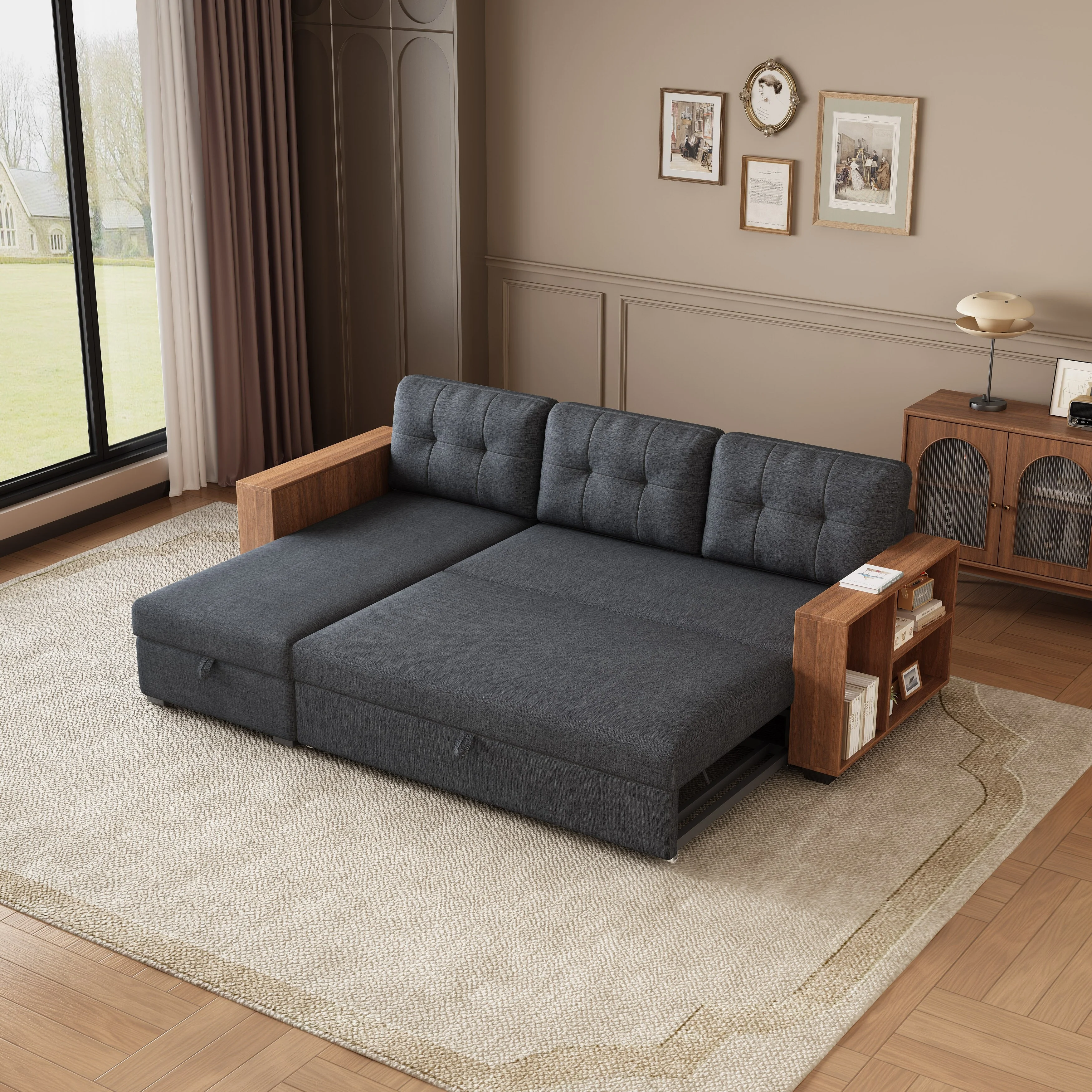 Black 84'' Corner 3-Seat Sectional Sofa with Storage Chaise, Pull-Out Sleeper Feature and Wooden Armrests