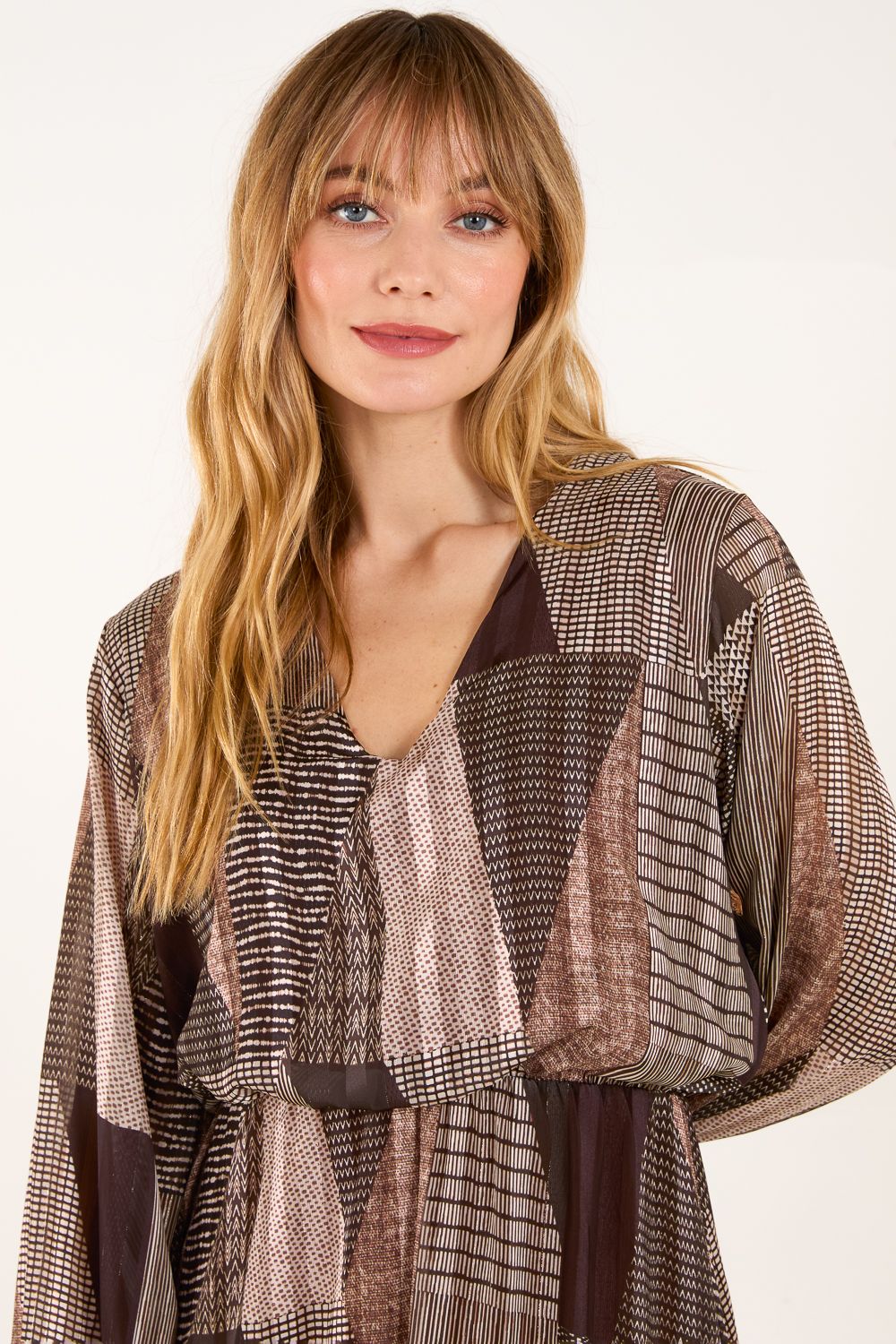 Blue Vanilla V Neck Metallic Patchwork Print Dress