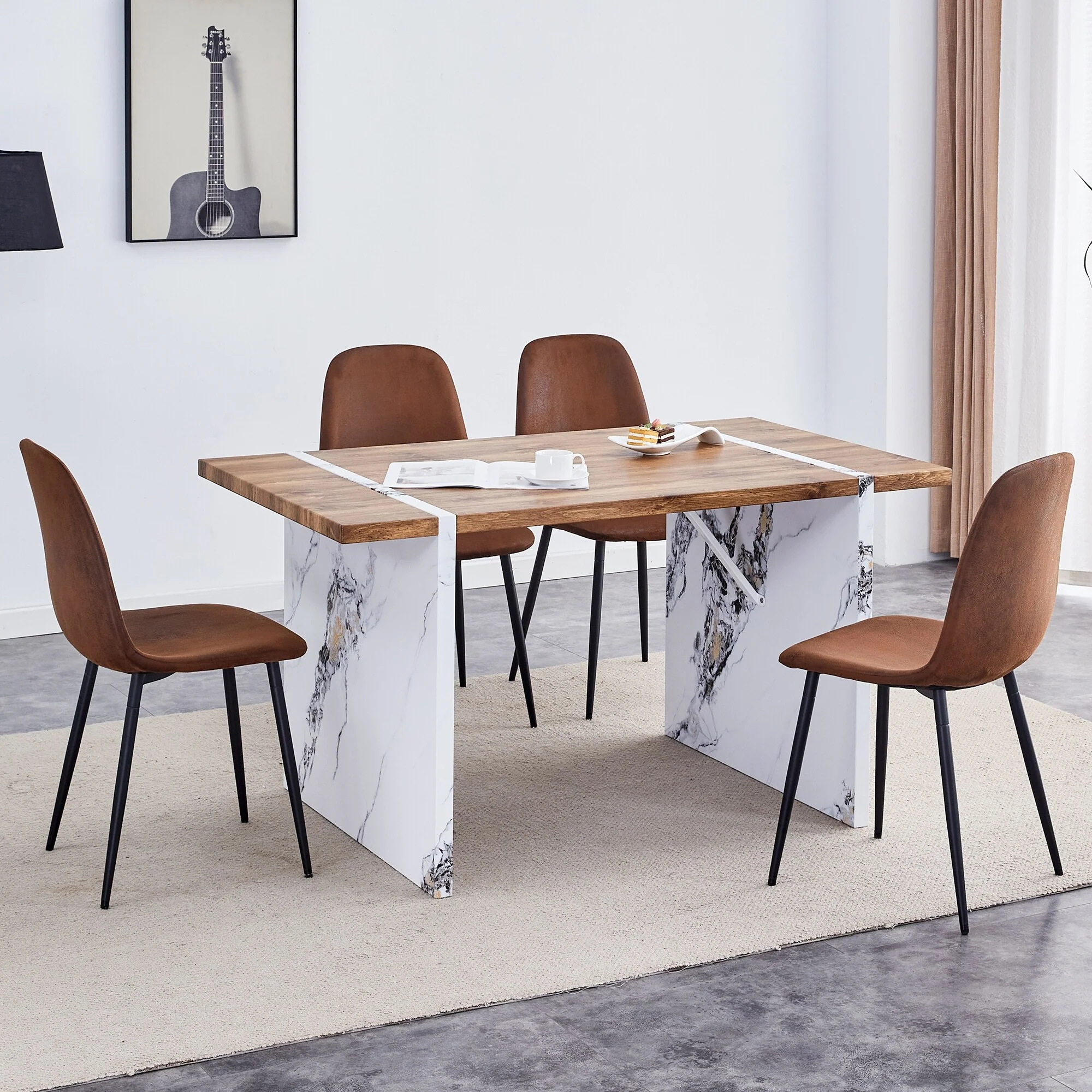 5-Piece Dining Table Set, Wood Tabletop with Marble-Patterned Table Legs, Expandable Seating, Anti-Slip Footpads