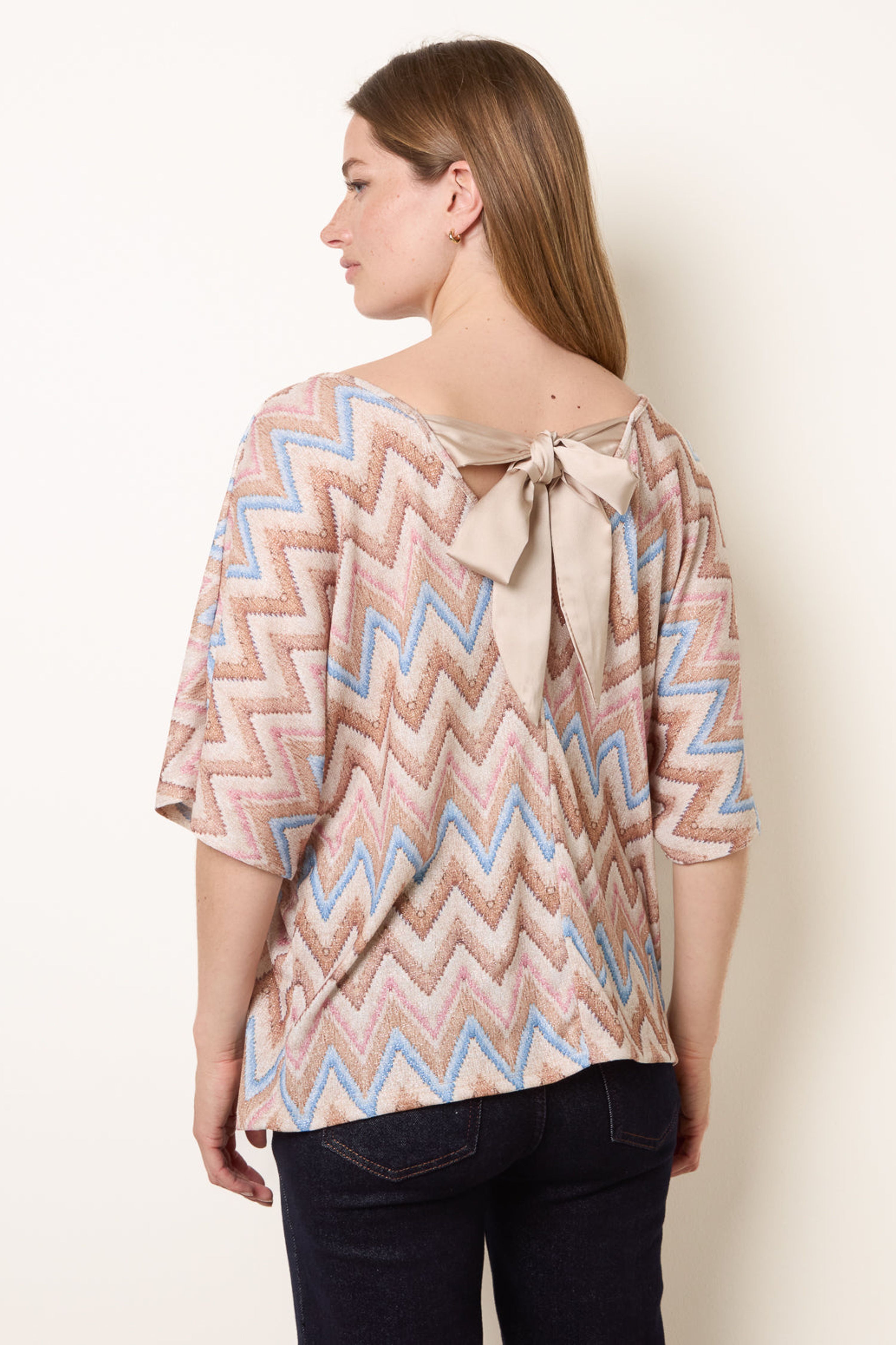 Blue Vanilla Beige Zig Zag Metallic Bow Back Top