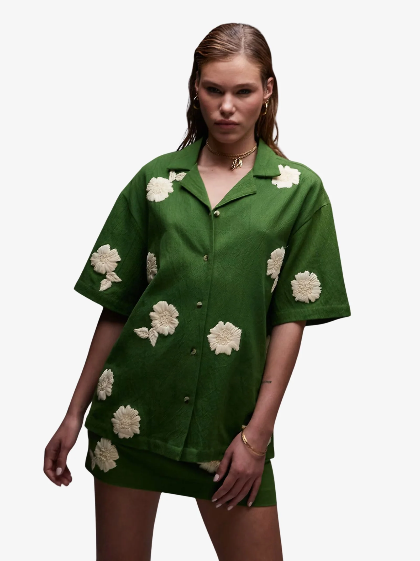 Co-Ord Resort Shirt With Raffia Flowers