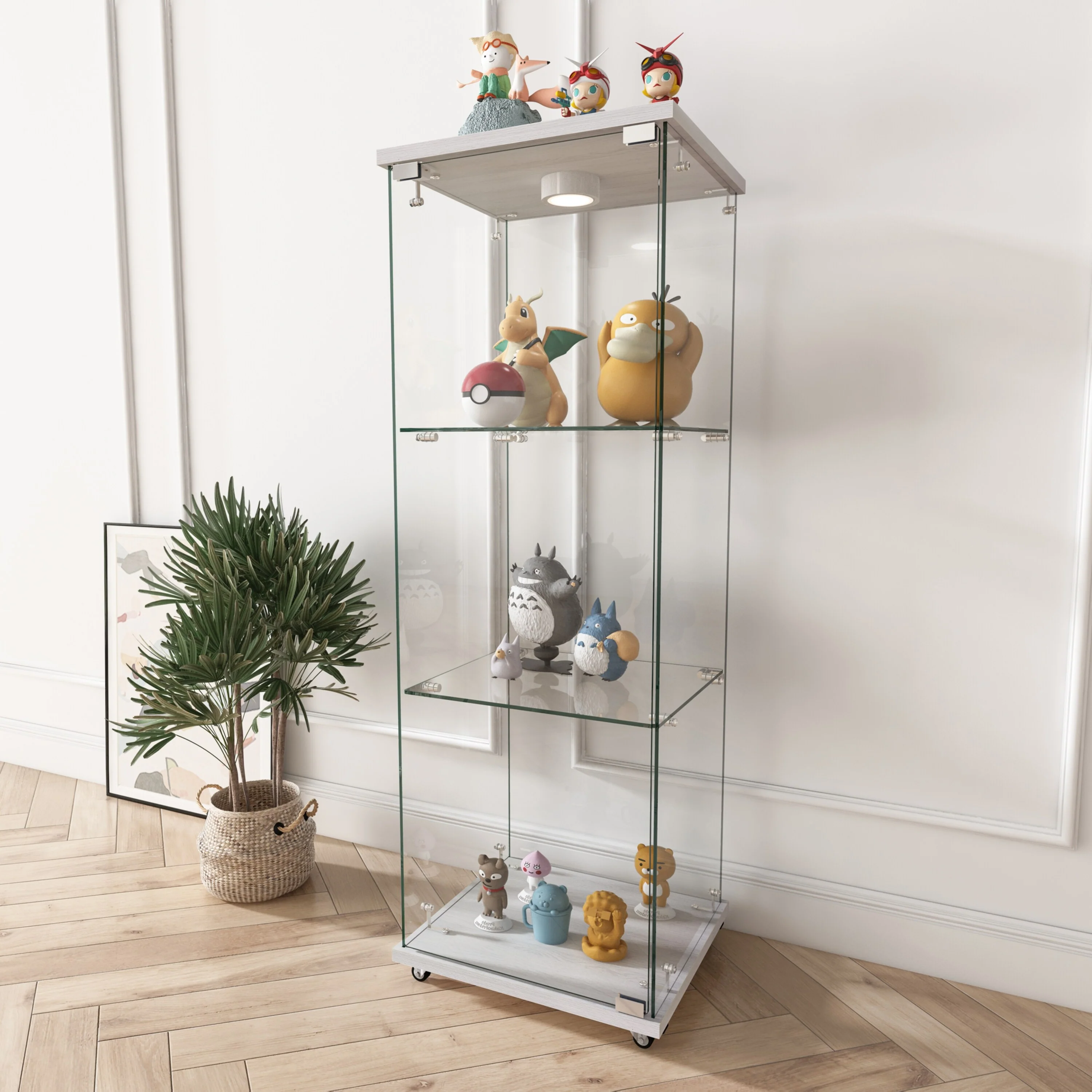 Modern Glass Display Cabinet with LED lights, Quick-assembly Antique Cabinet, Tempered Glass Bookshelf