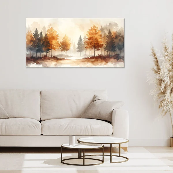 Obraz do salonu sypialni, Jesienny Beżowy Las Akwarelowy Leśny 80x40