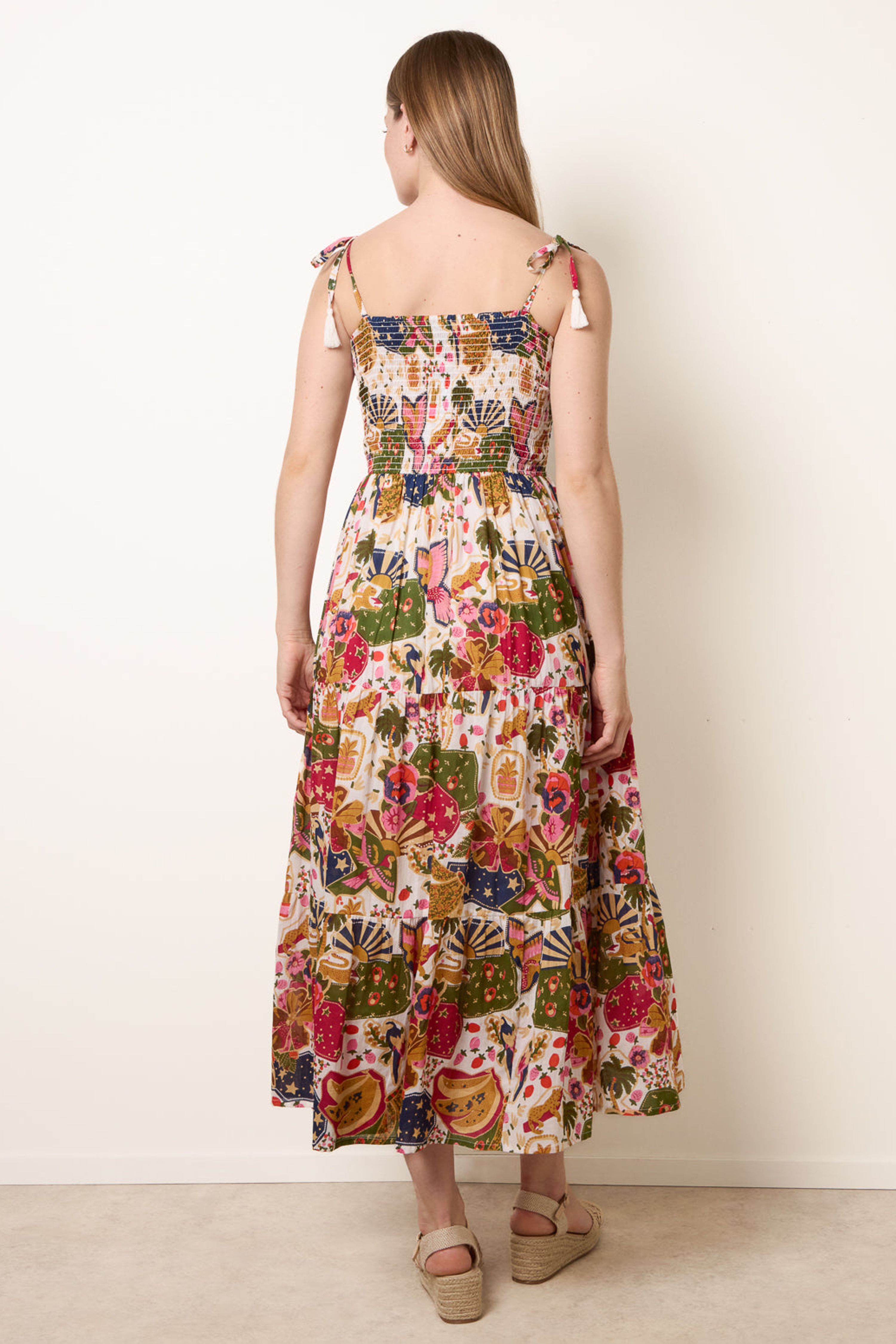 Blue Vanilla White Bold Print Shirred Waist Dress