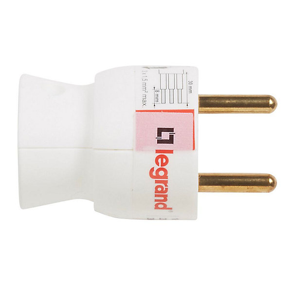 Fiche mâle latérale 16A 2 P T blanc Legrand