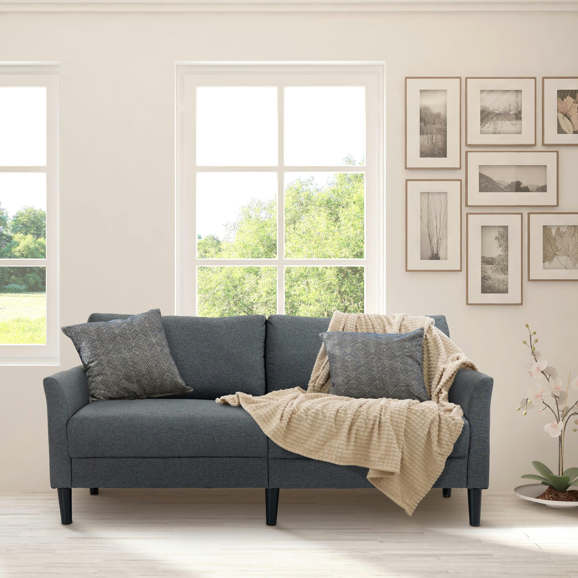 - Canapé 2 places contemporain accoudoirs courbés bois tissu gris foncé