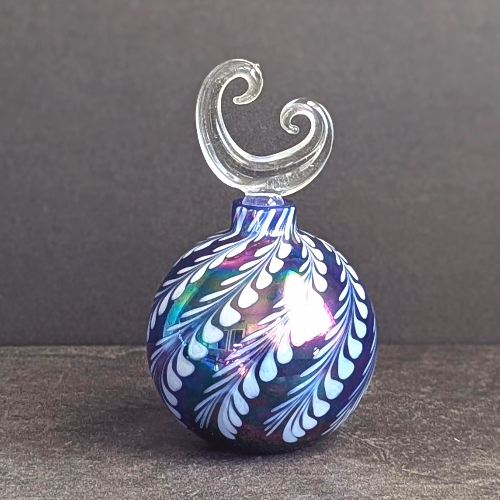Art Glass Iridescent Glass Design Blue White Swirl Perfume Bottle Golden Crown