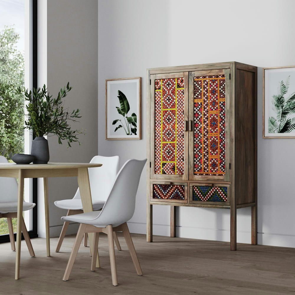 MASSAÏ - Armoire 2 portes 2 tiroirs en manguier et cannage coloré