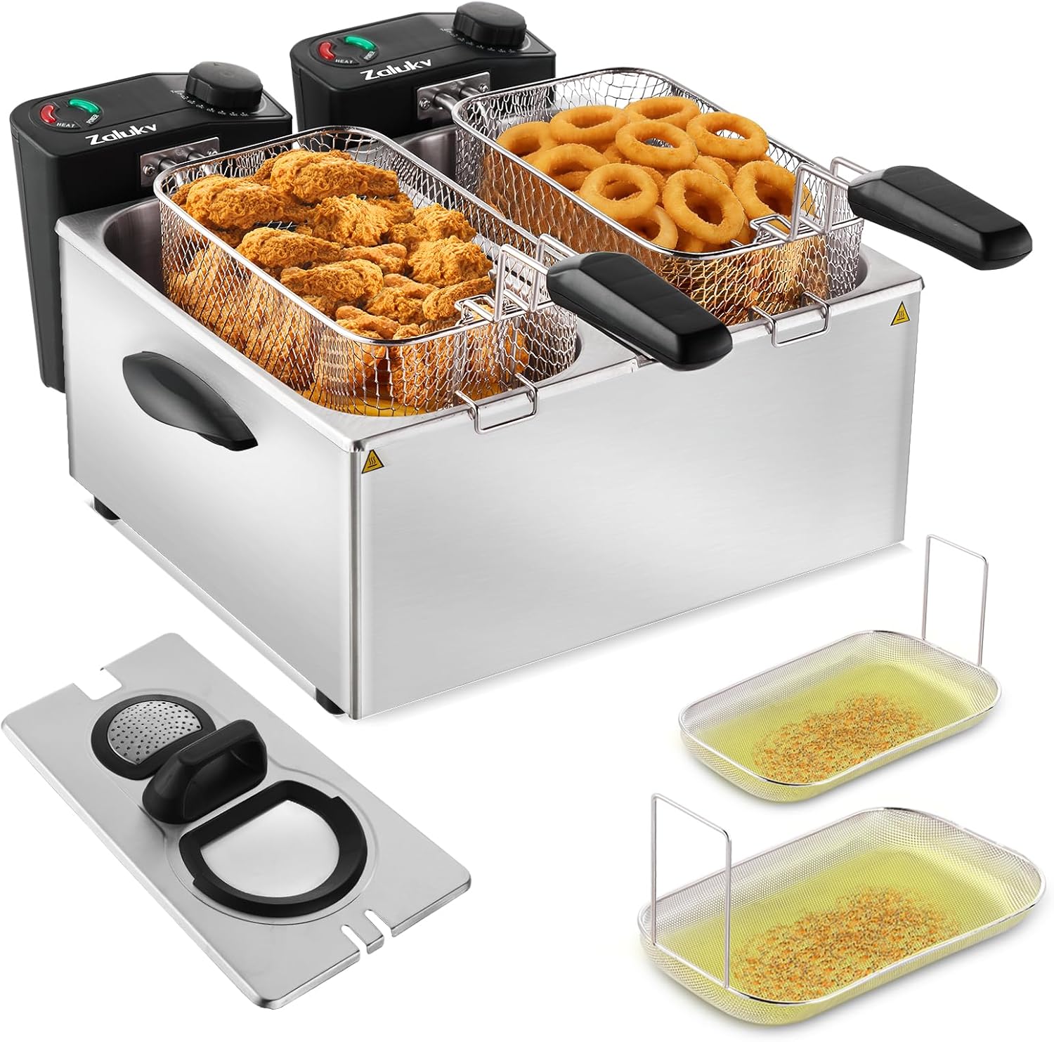Deep Fryer with 2 Baskets and Oil Filtration System, 7.4 Quart 3000W Electric Deep Fryer for Family, View Window and Odor Free Filter, Adjustable Temperature, Stainless Steel Fryer Pot with Basket