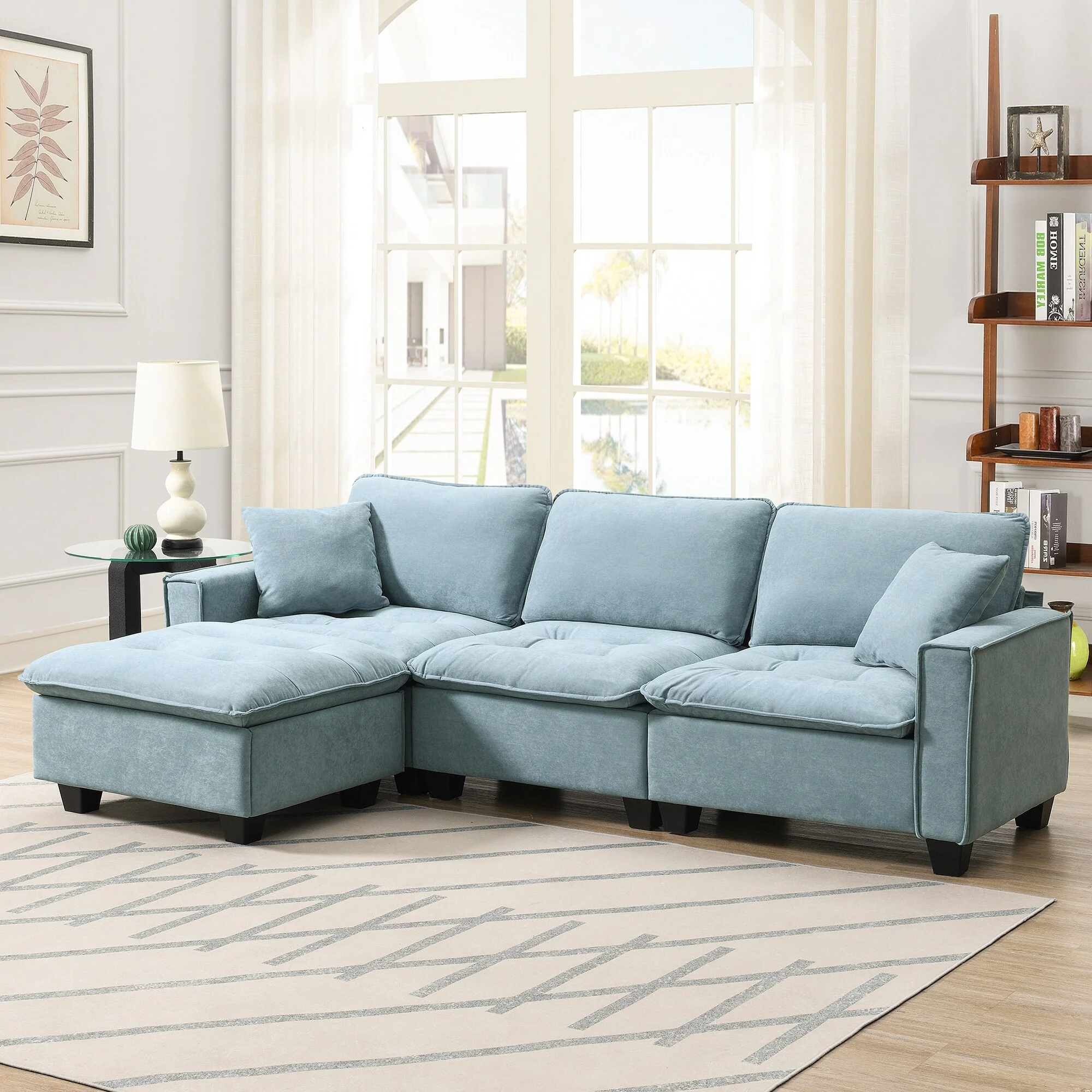 100 L-Shaped Convertible 4 Seater Sectional Sofa with Removable Ottoman and Matching Pillows, Perfect for Living Room