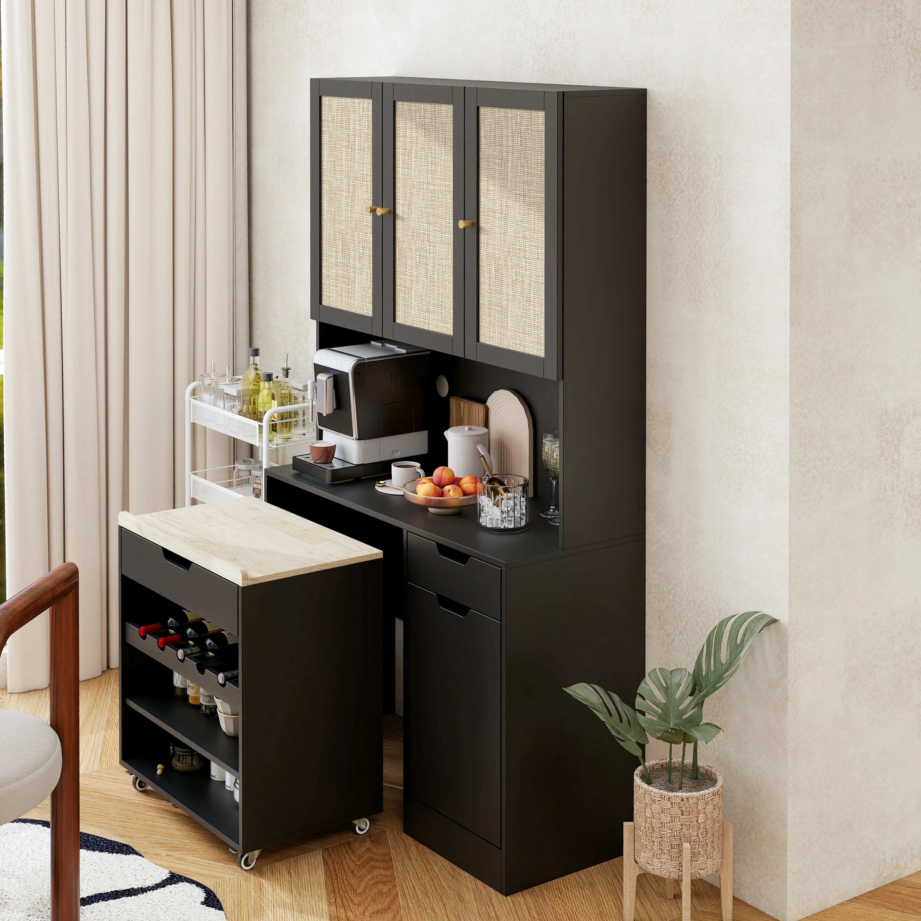 Tall Kitchen Pantry Storage Cabinet, Buffet Cabinet Sideboard Coffee Bar Cabinet with Kitchen Cart & Microwave Stand