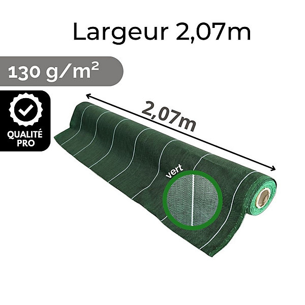 Pack Toile de paillage avec agrafes Longueur 25m Largeur 2,07m anti mauvaises herbes Coloris Vert 130gr m2 ZENLYS tissée Lot