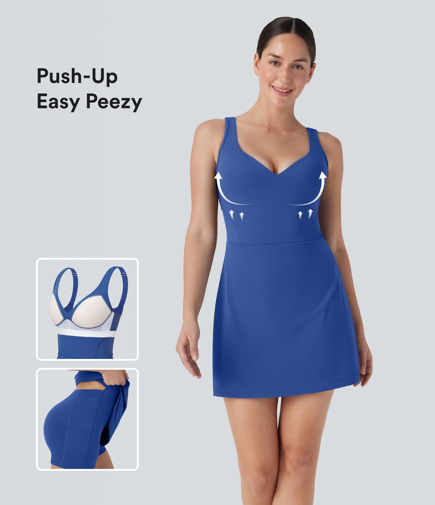 Robe active de yoga 2-en-1 Softlyzero™ Plush avec bretelles ajustables, armatures push-up, dos nu et poches-Easy Peasy
