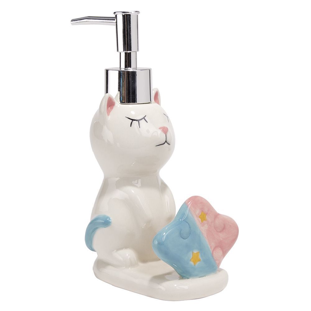 Distributeur à savon forme chat avec porte éponge grès blanc rose bleu