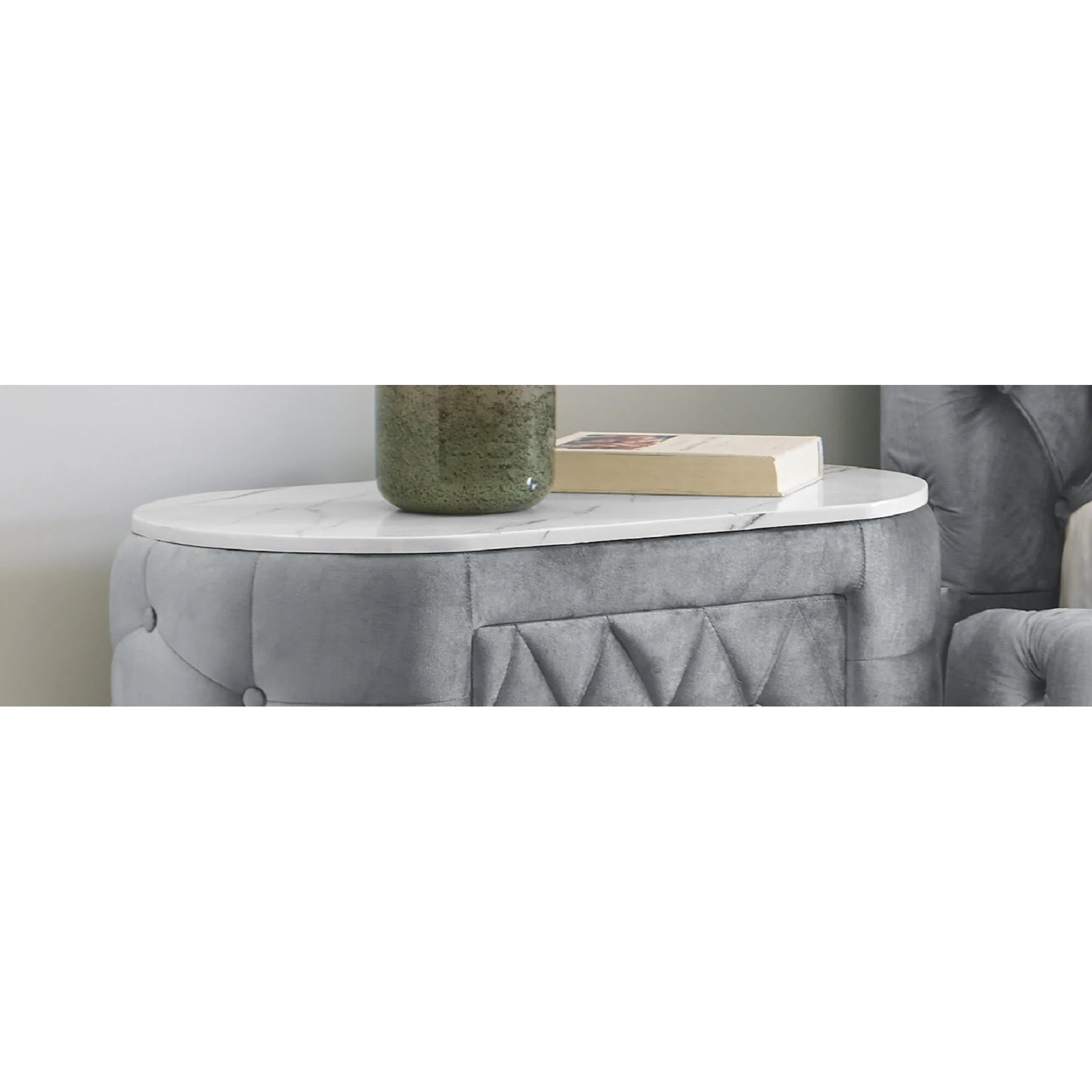 1pc Oval Faux Marble Top Nightstand 2- Drawers Storage Button Tufted Faux Crystal Tufted