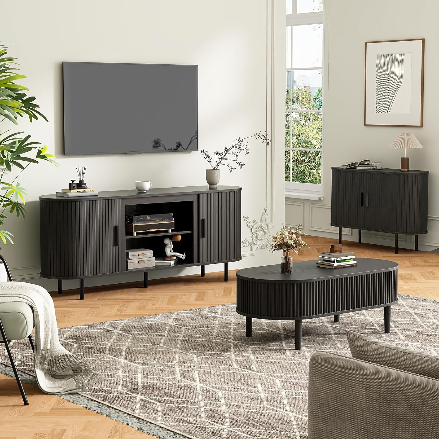 65'' Tv Stands for Living Room, Entertainment Center with Storage, Adjustable Shelves and Sliding Doors, Tv Stand Tv Console for Living Room,Bedroom (Black)