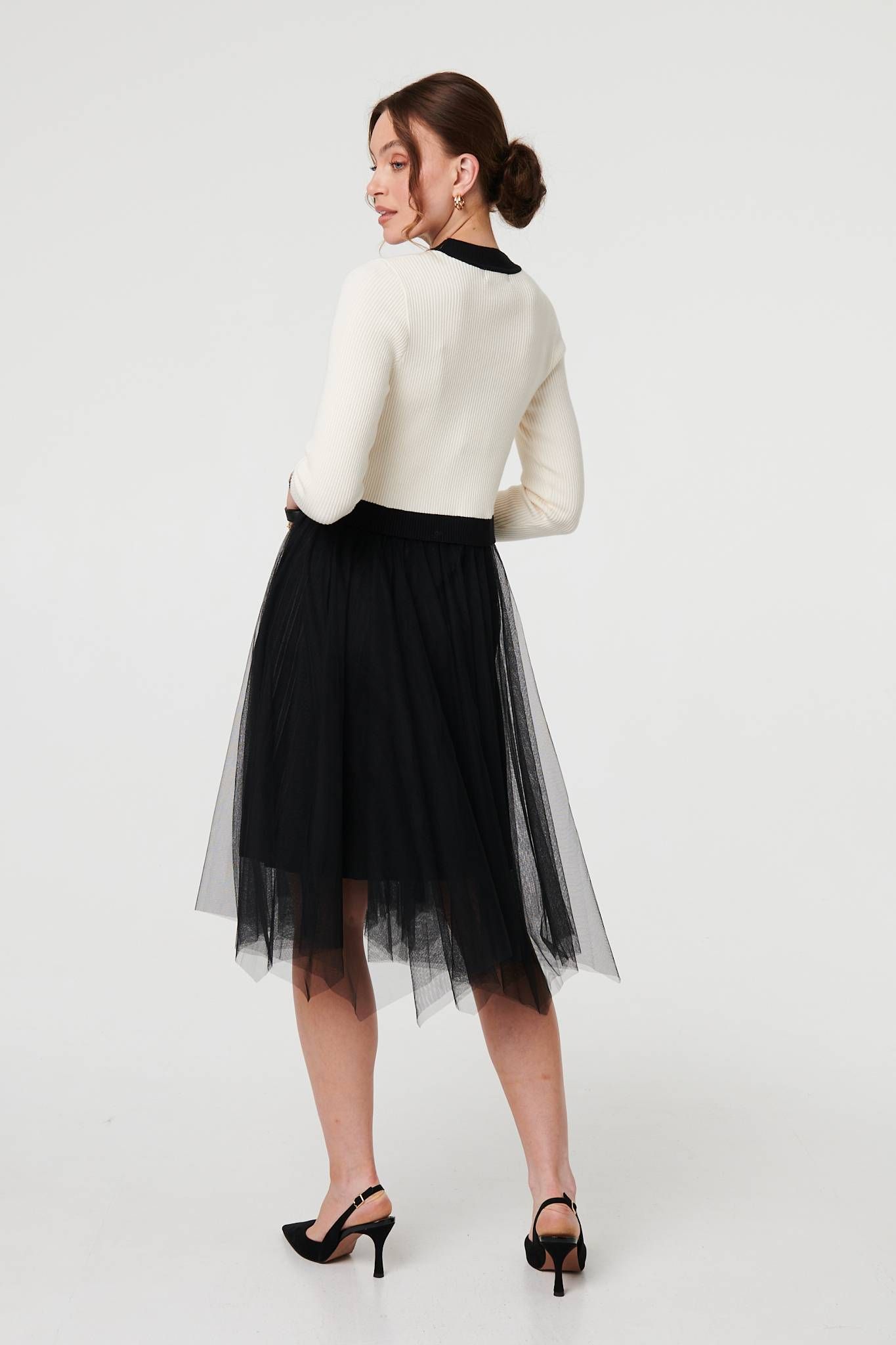 Izabel London Button Front Mesh Textured Jumper Dress