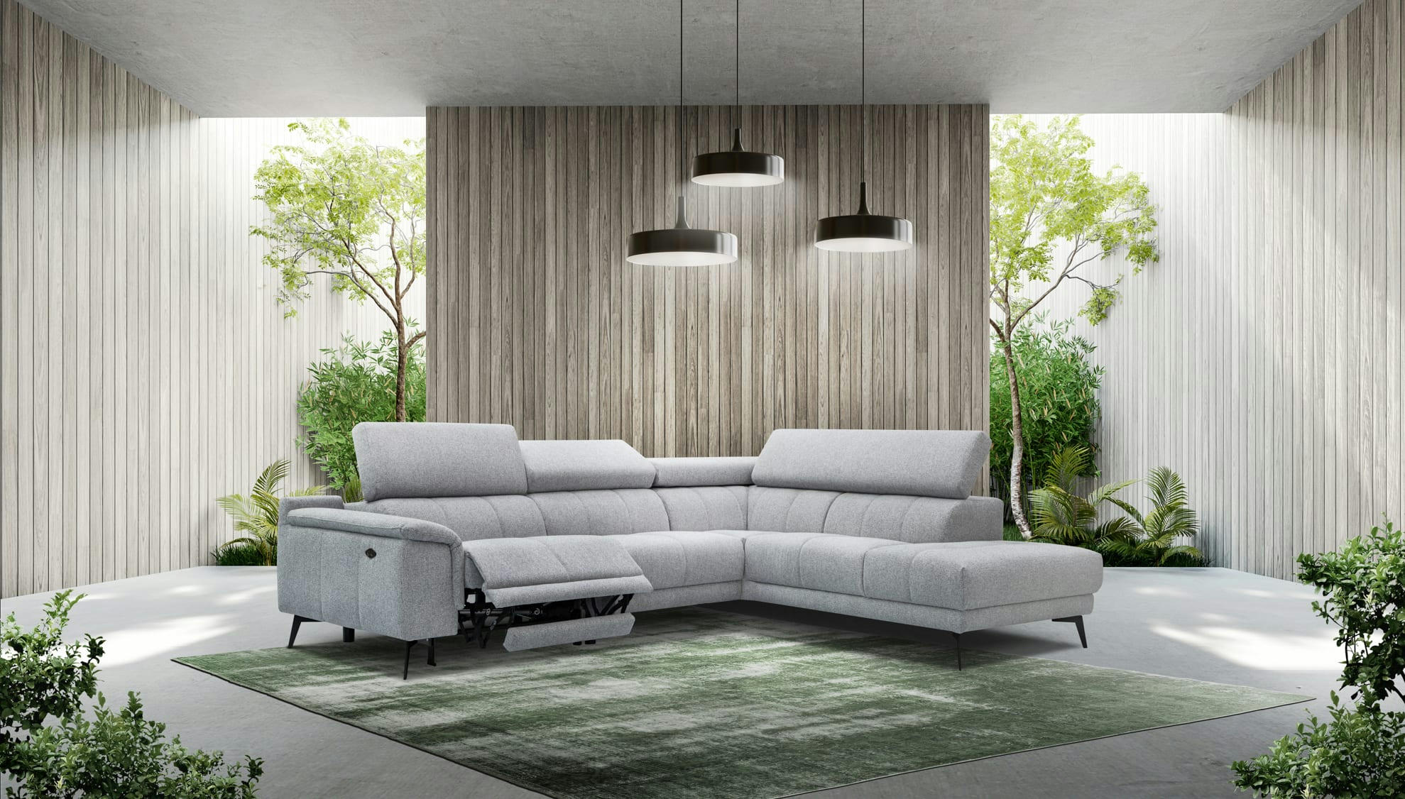 FIERO - Canapé d'angle droit 5 places relax électrique tissu gris clair