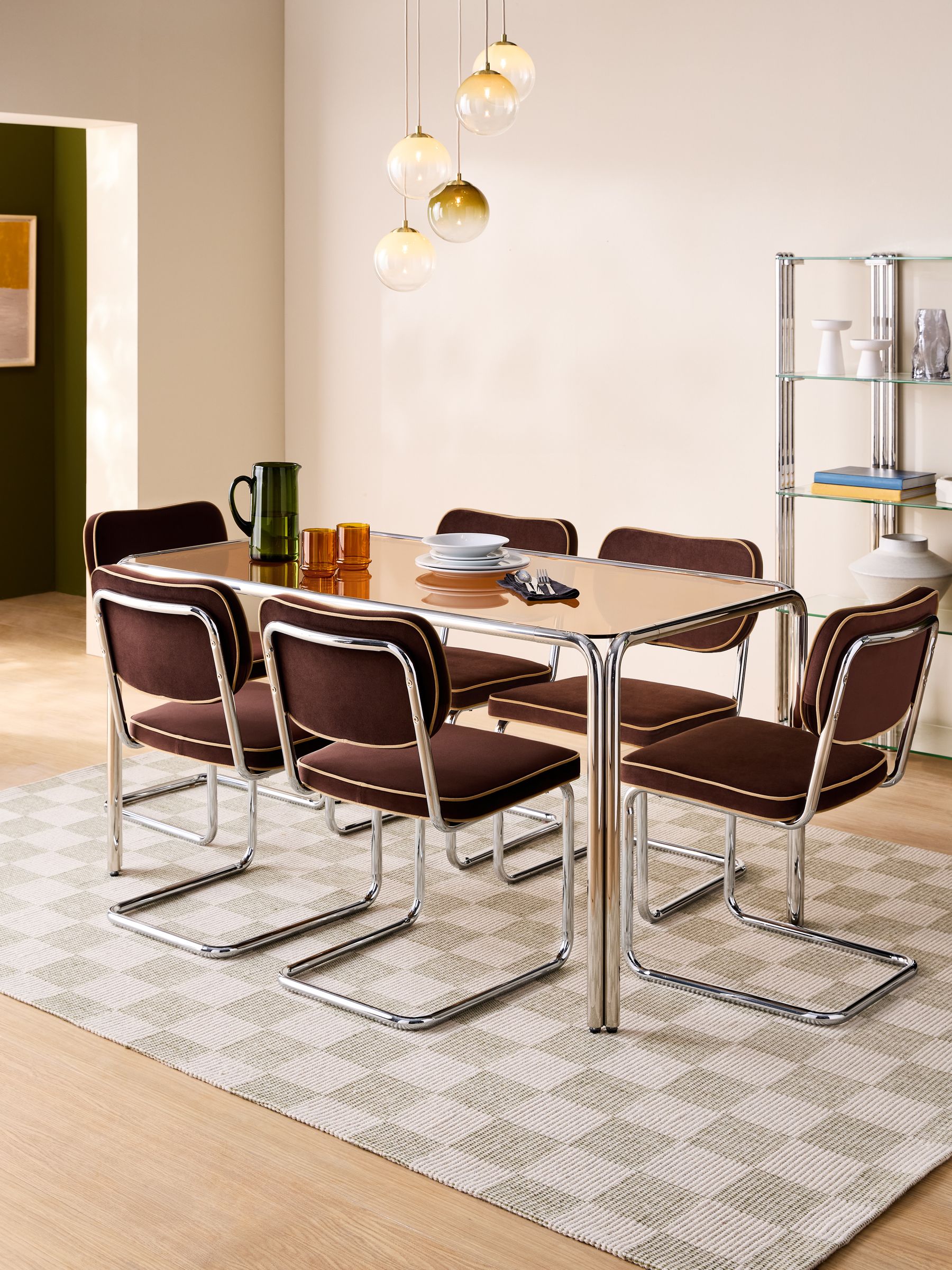 Dunston Fixed 6 Seater Dining Table in Amber Glass and Chrome