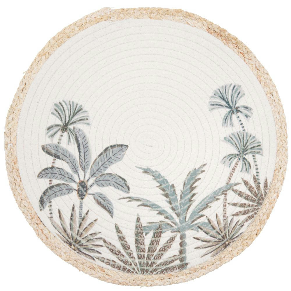SALOUGA - Set de table rond motifs palmiers verts et éléphant grège D38