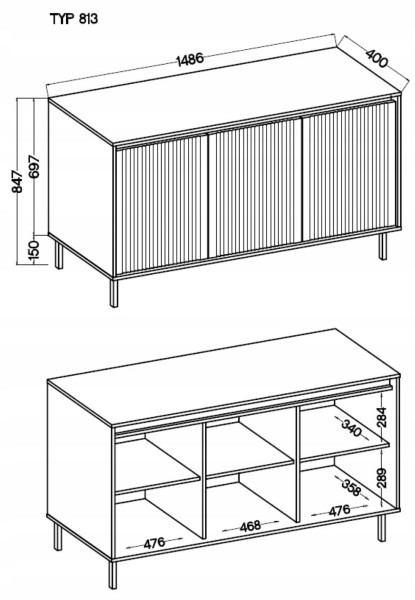 KOMODA GLAMOUR 149 cm RYFLE Nóżki METALOWE 3D BEŻOWA OSAKA