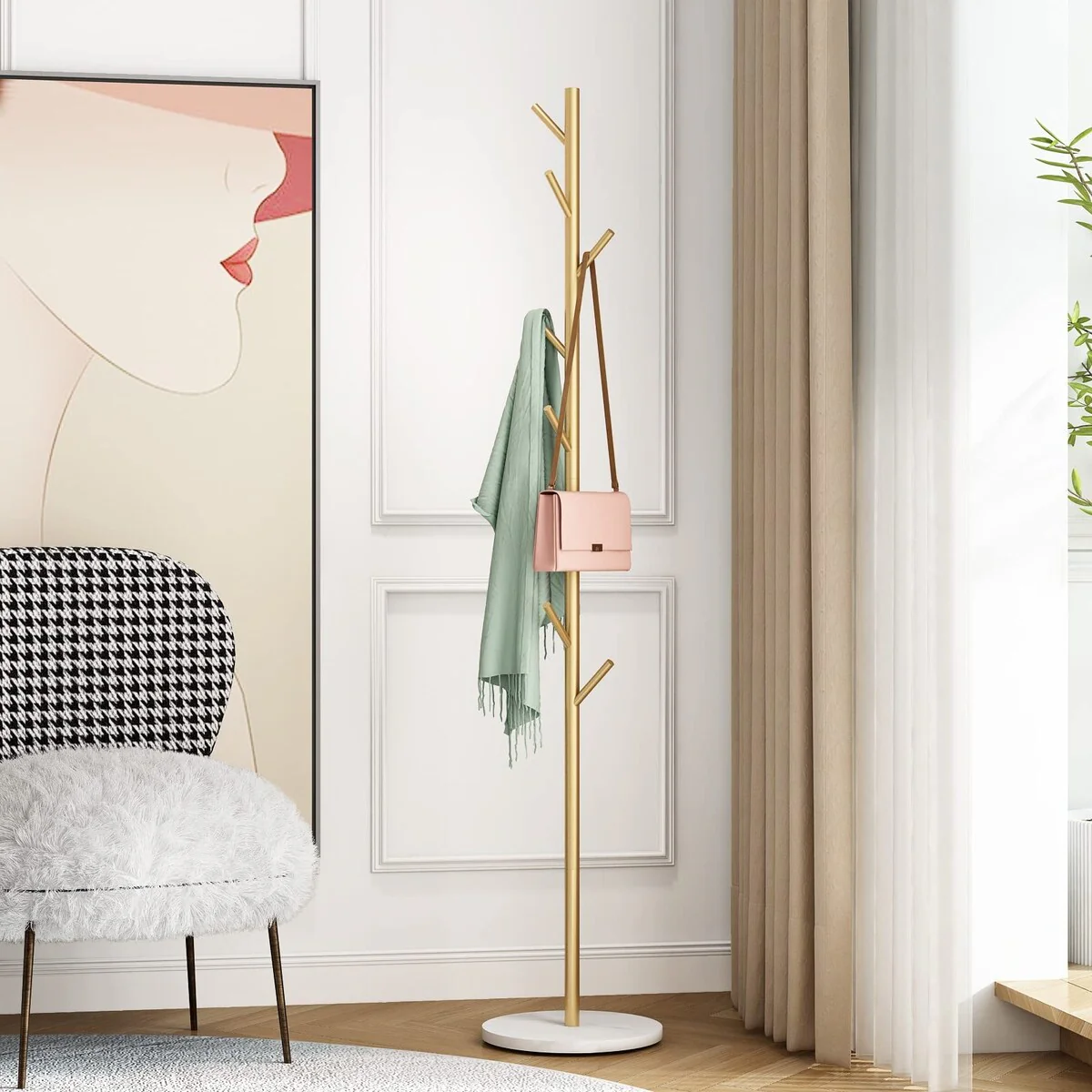 Silver Coat Racks, Metal Coat Rack Freestanding with Hooks, Entryway Coat Rack Stand, Coat Racks with Marble Base