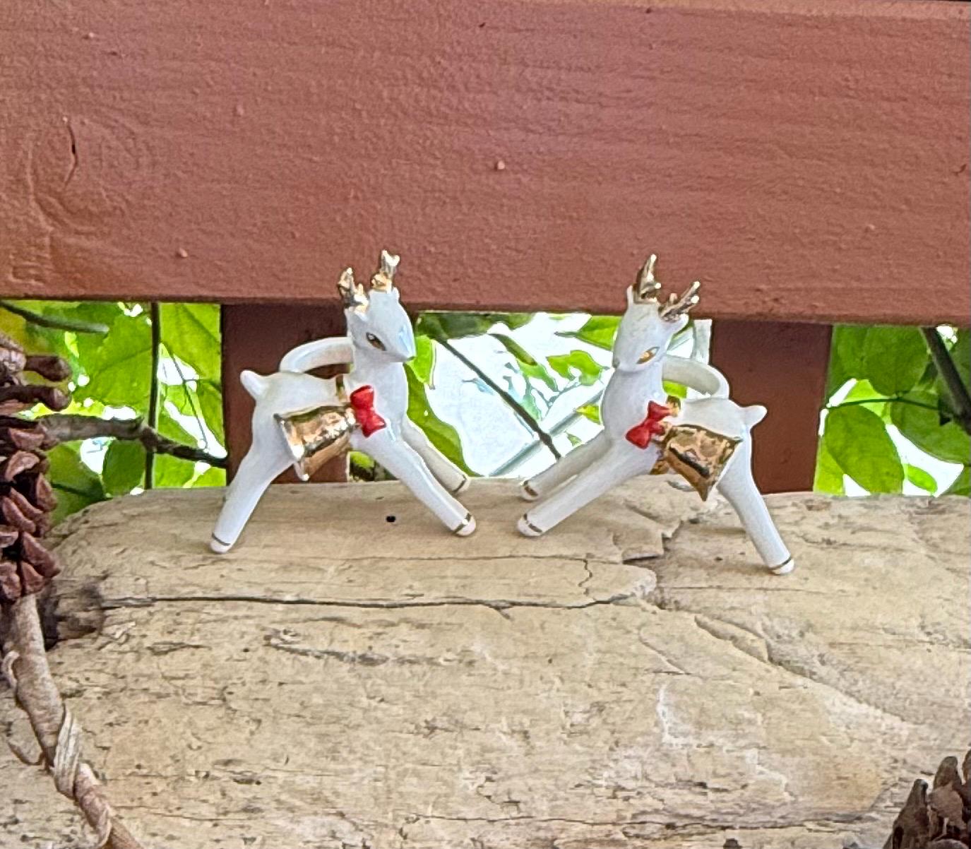 Vintage NAPCO Reindeer Candle Hugger Climber Christmas 1950 1960 Reindeer Red Bow Gold Bells Candle Porcelain Retro Kitsch Decor Set 2