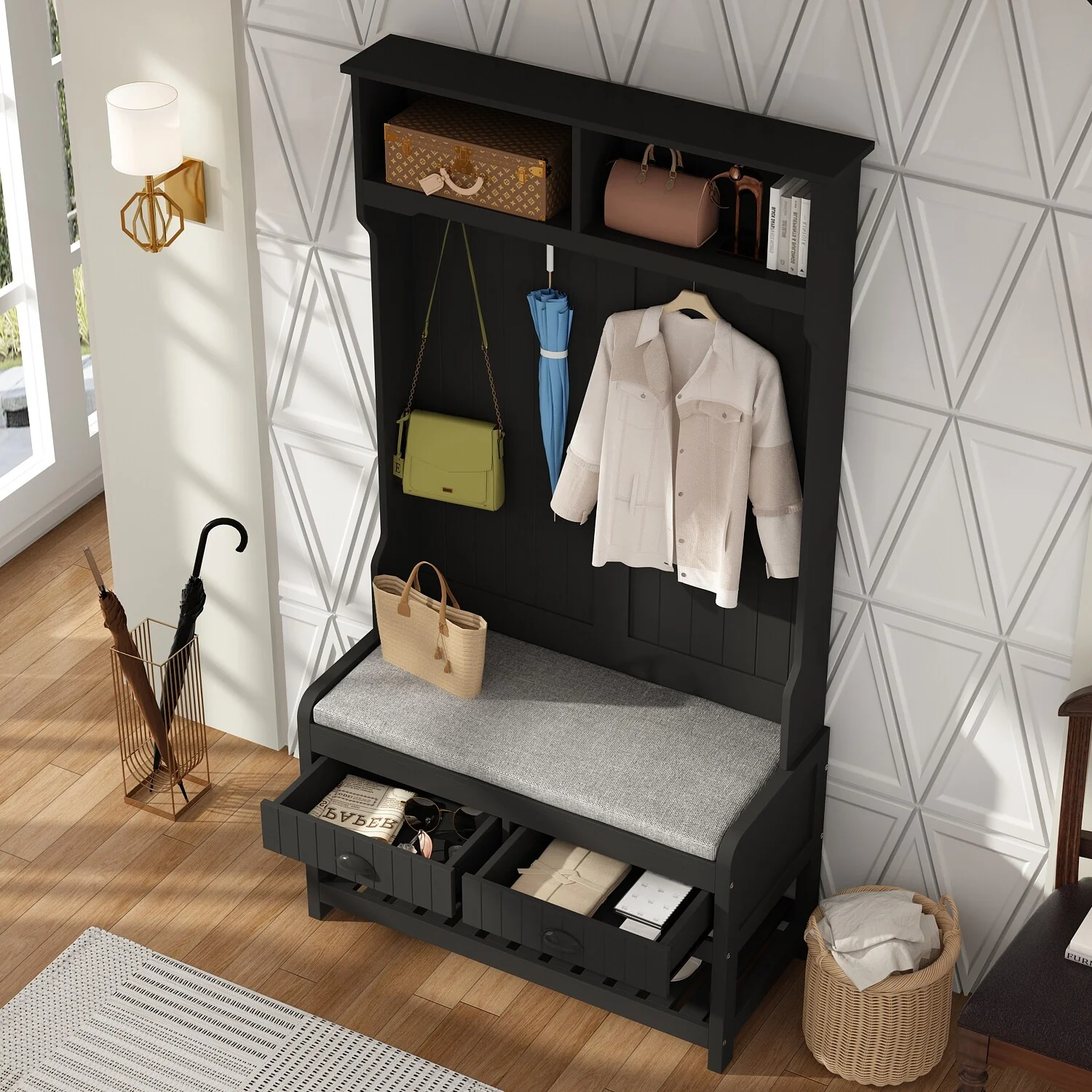 34.3'' W 68.5H Hall Tree with Bench and Shoe Storage With Cushion