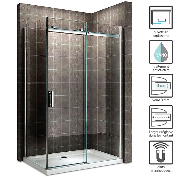 Cabine de douche ALIXA H.200 cm porte coulissante en verre 8 mm transparent 75 x 110 cm (porte 110) - Saniverre