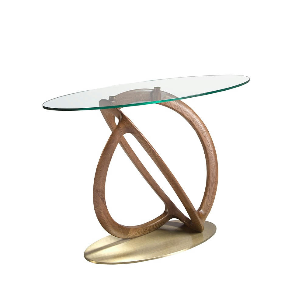 - Table console ovale en verre trempé, noyer et Or