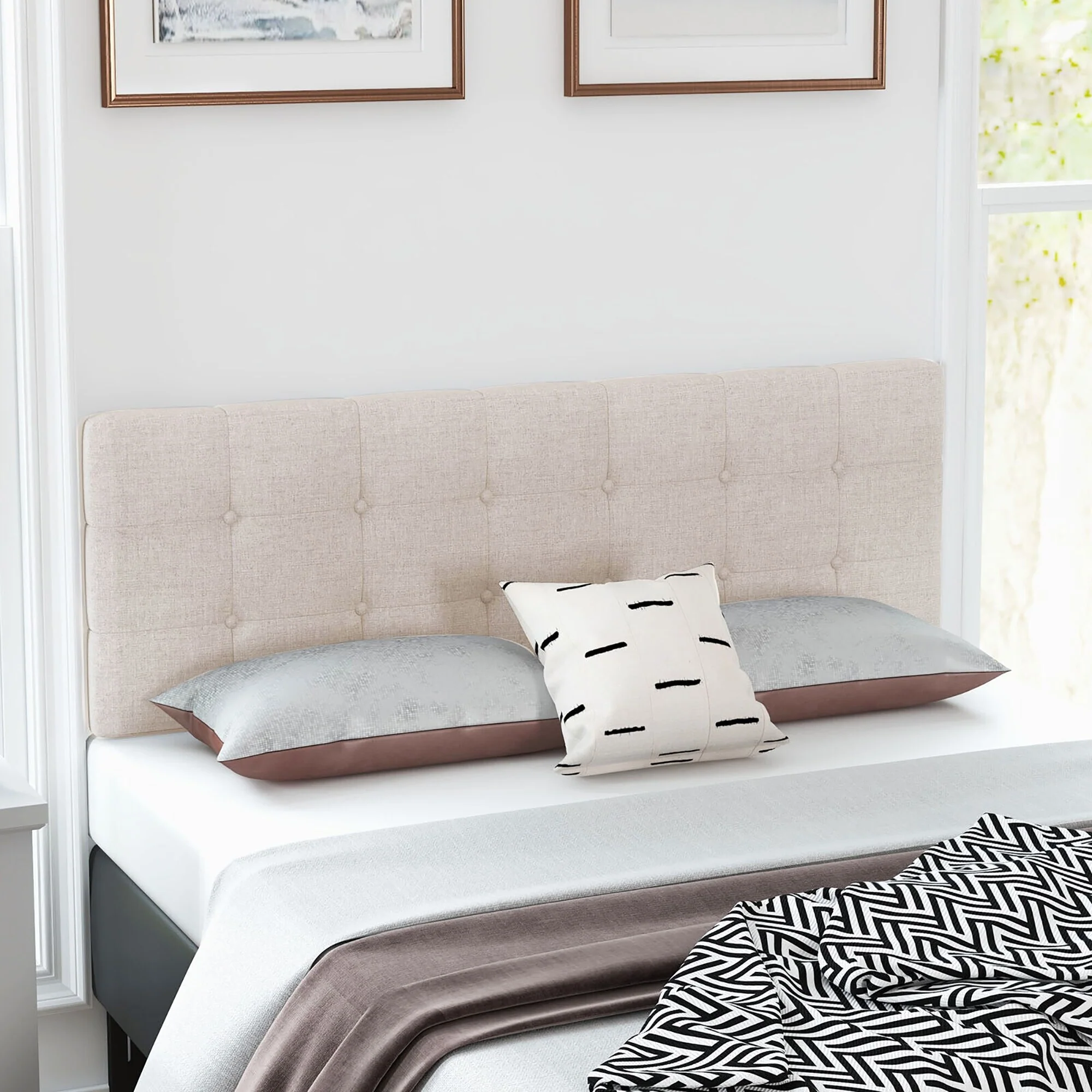Gymax Full/Queen Size Headboard Linen Fabric Upholstered Button Tufted