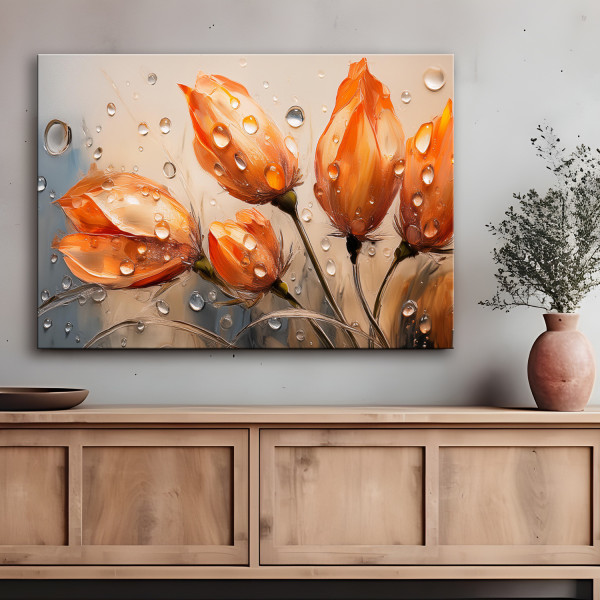 Feeby Obraz na płótnie, Tulipany Kwiaty Pomarańczowe Krople Rosy 60x40
