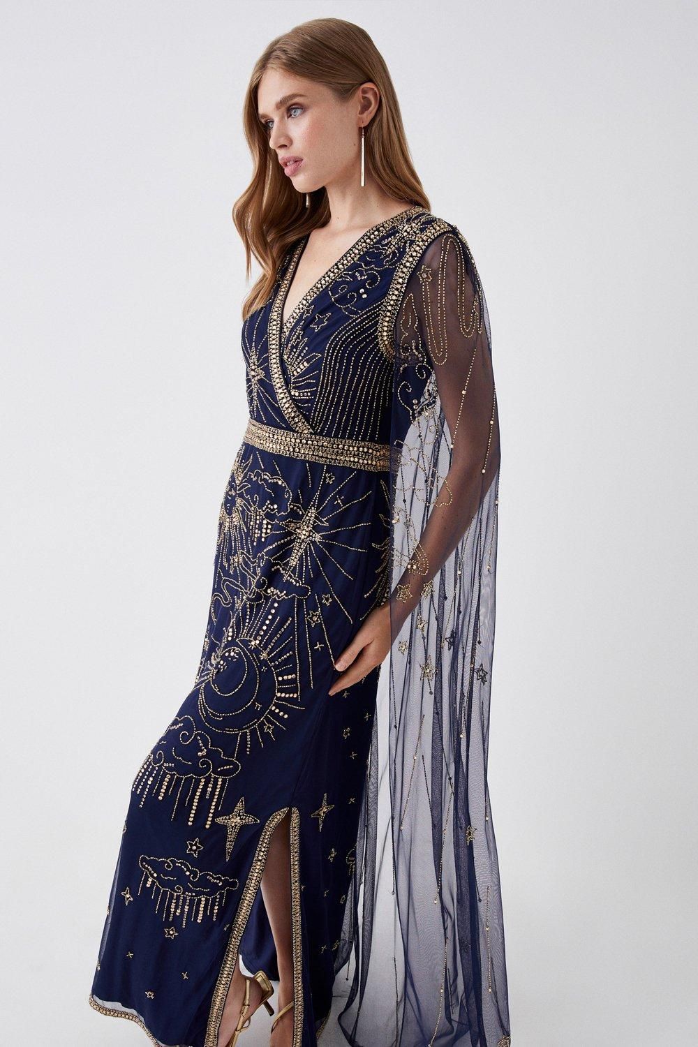 Coast Celestial Hand Embellished Cape Back Maxi Dress
