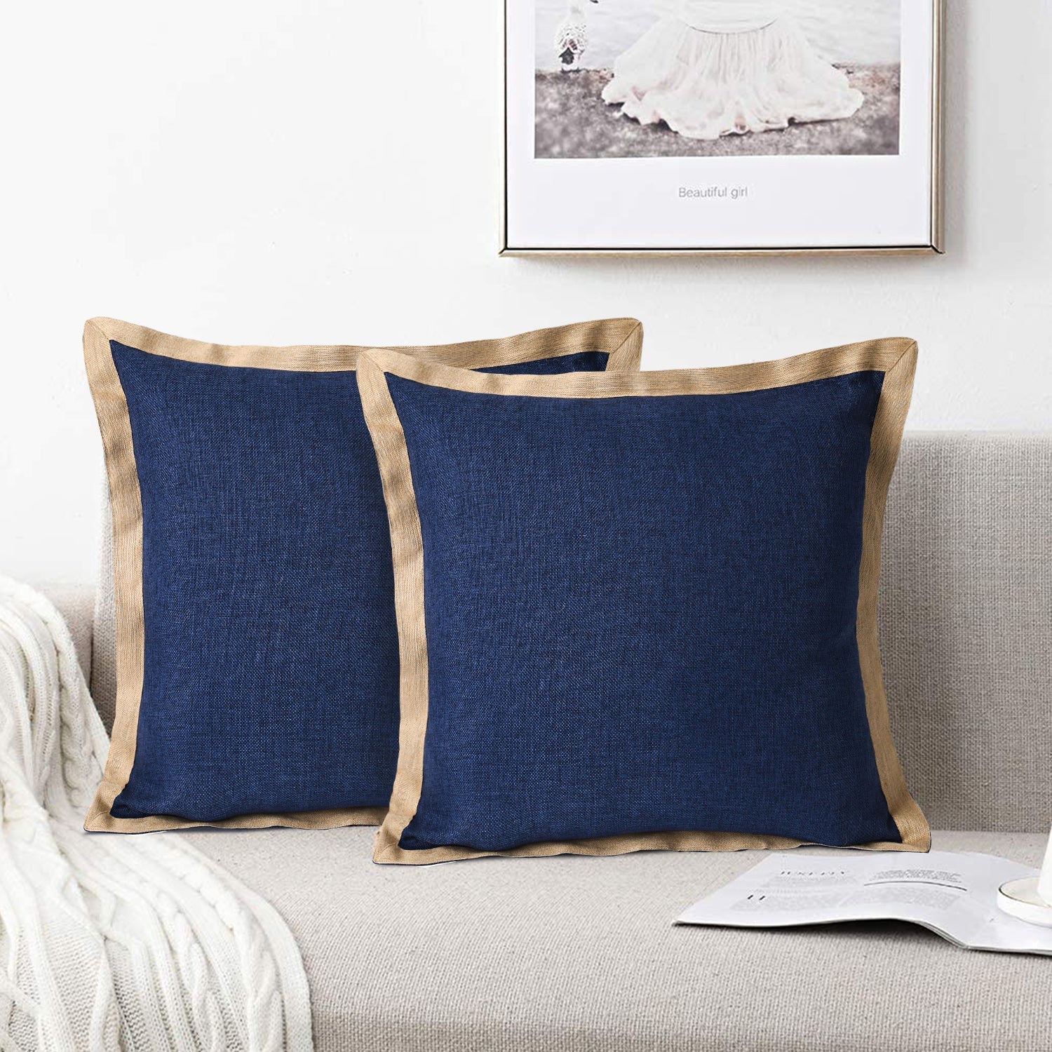 2 Piece Handmade Vintage Faux Rustic Decorative Pillow Covers with Linen Edge