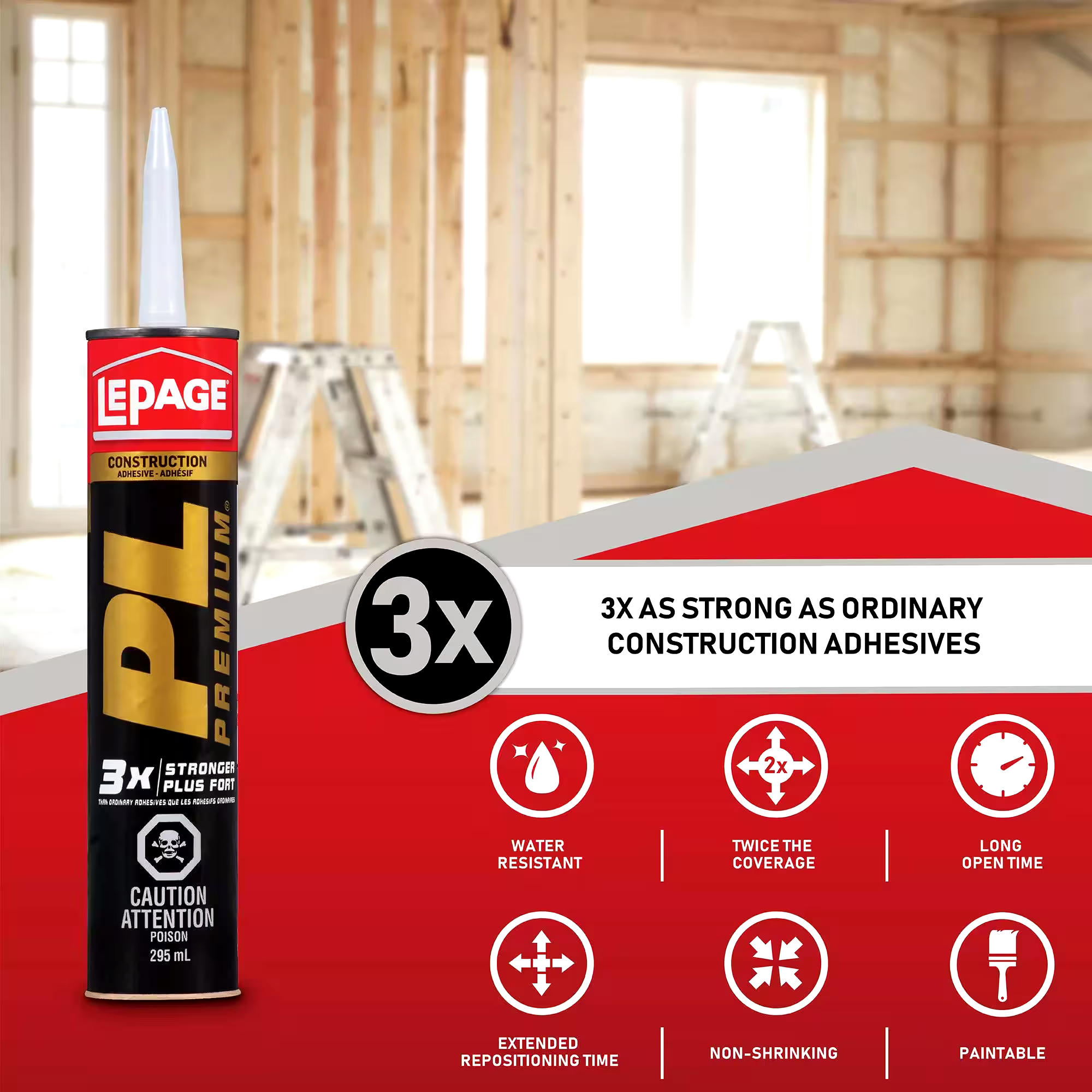 LePage PL Premium Construction Adhesive Glue, Indoor/Outdoor, Weather & Waterproof, 295-mL