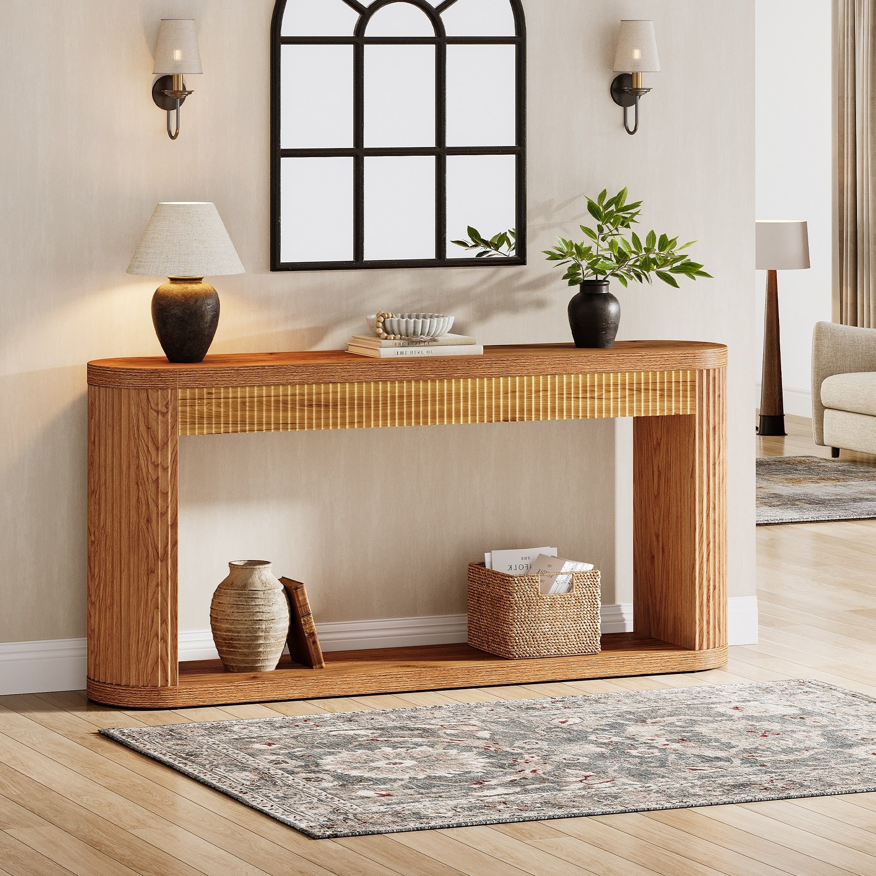 63-In Fluted Console Table for Entryway, 2 Tier Narrow Sofa Table with Storage - 11.81D x 62.99W x 31.5H