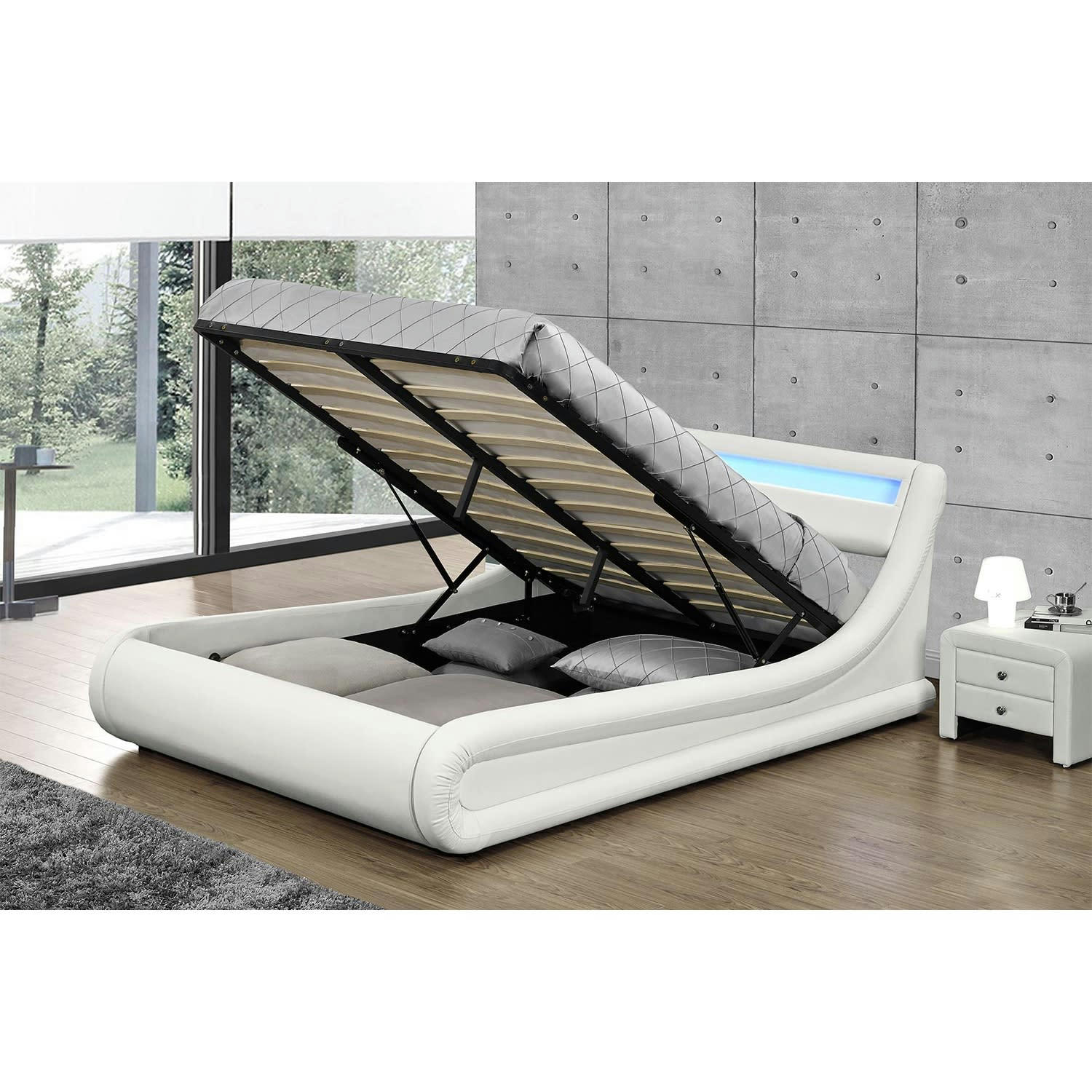 PORTLAND - Structure de lit LED avec rangements 140 x 190 cm blanc