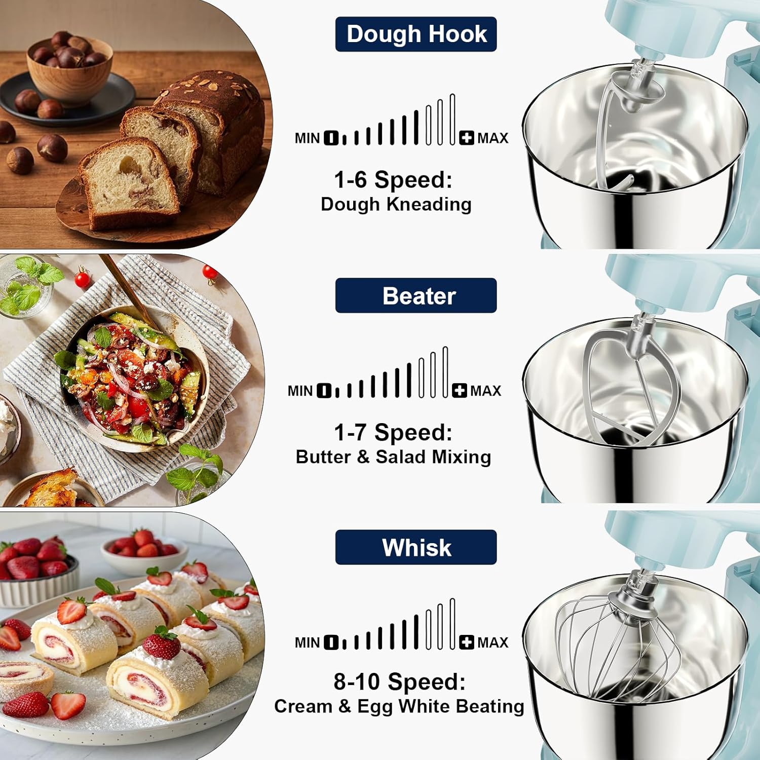 Camic Stand Mixer, 4.2QT+5.3QT Two bowls Electric Food Mixer, 10 Speeds with Digital setting 3-IN-1 Kitchen Mixer for Baking Cakes Cookie Bread Salad with Egg Whisk,Dough Hook,Flat Beater (Blue)