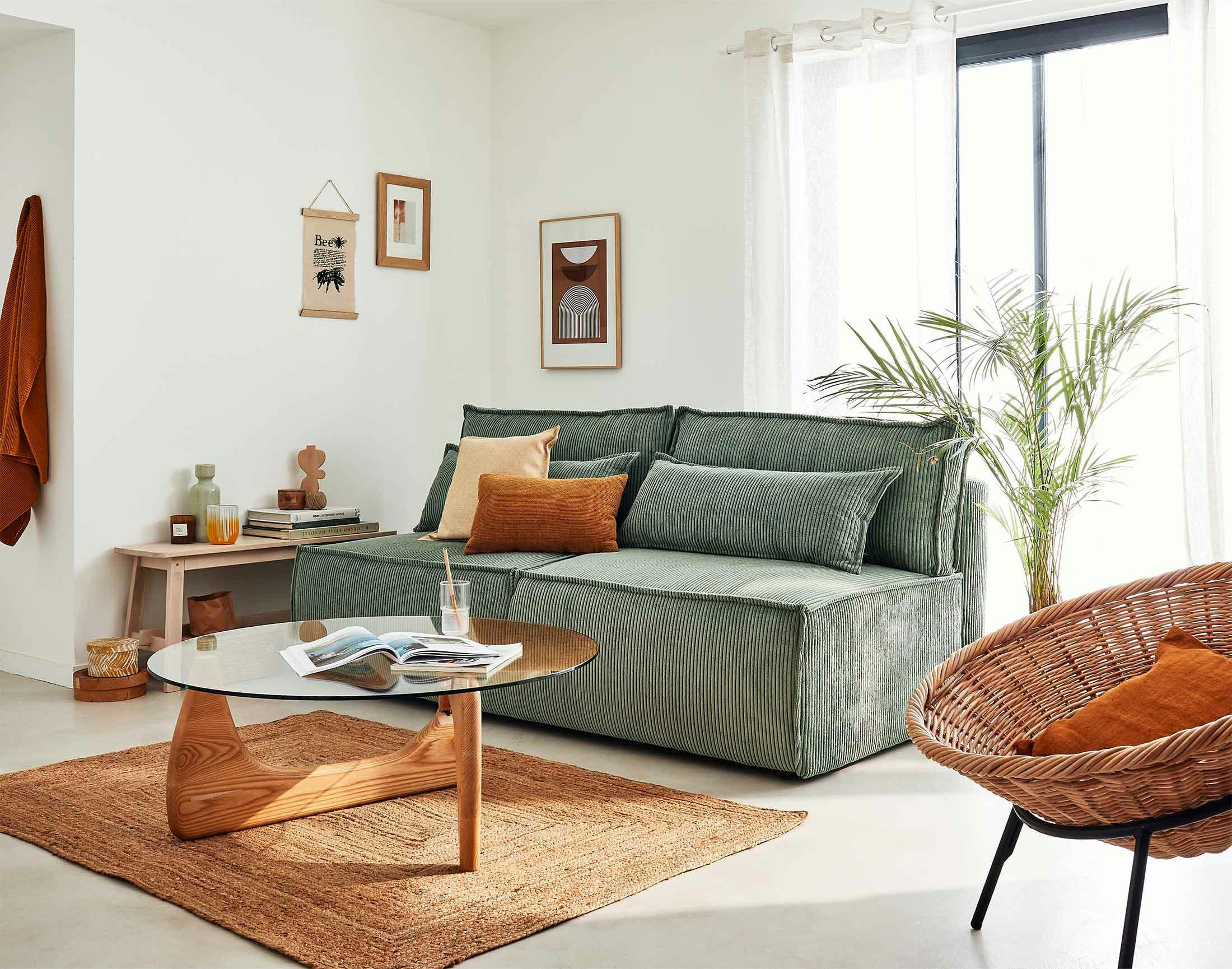 KIARA - Canapé droit convertible 3 places en velours côtelé vert