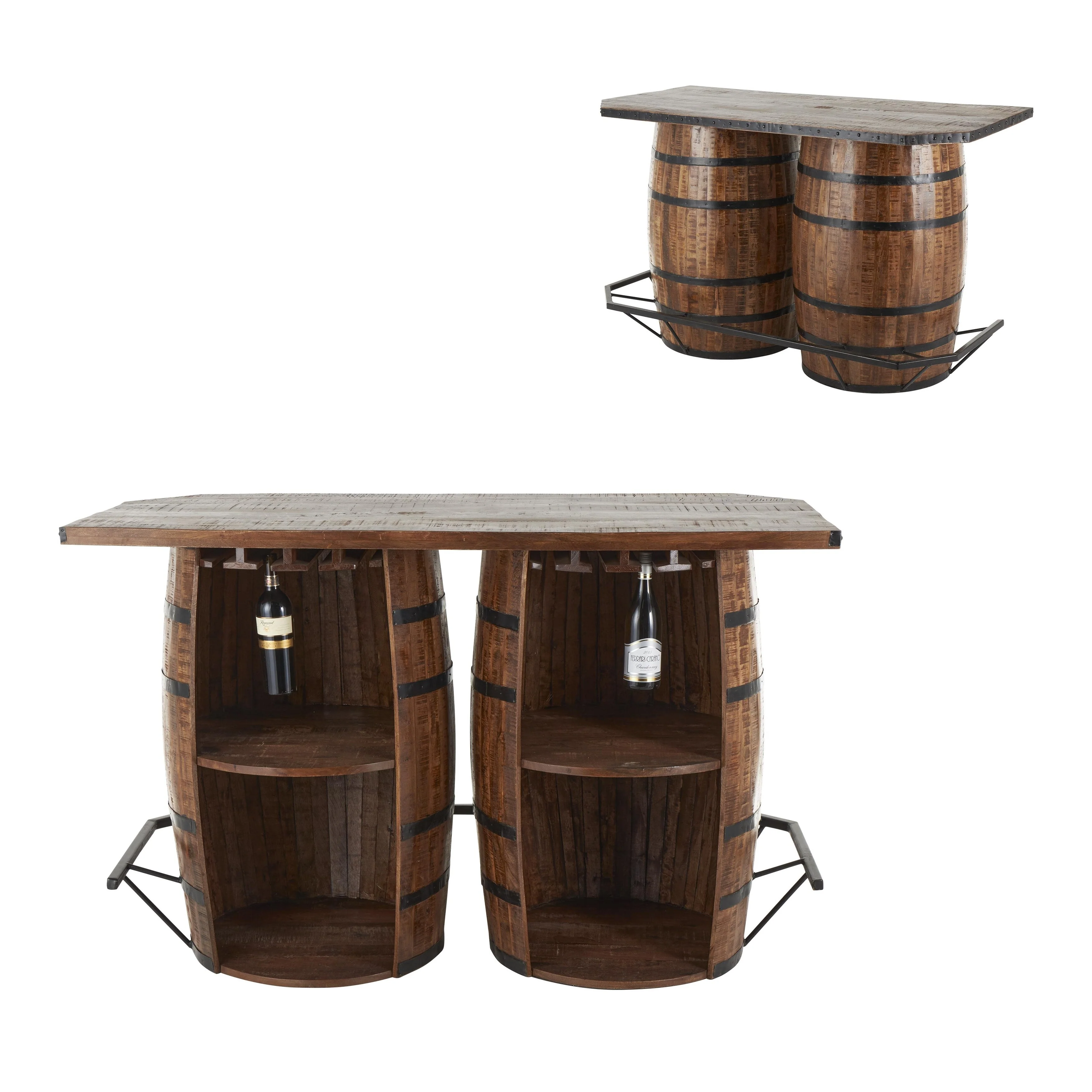 Mango Wood Barrels Bar with Live Edge Tabletop and Black Metal Support - Brown - Roche River Decor