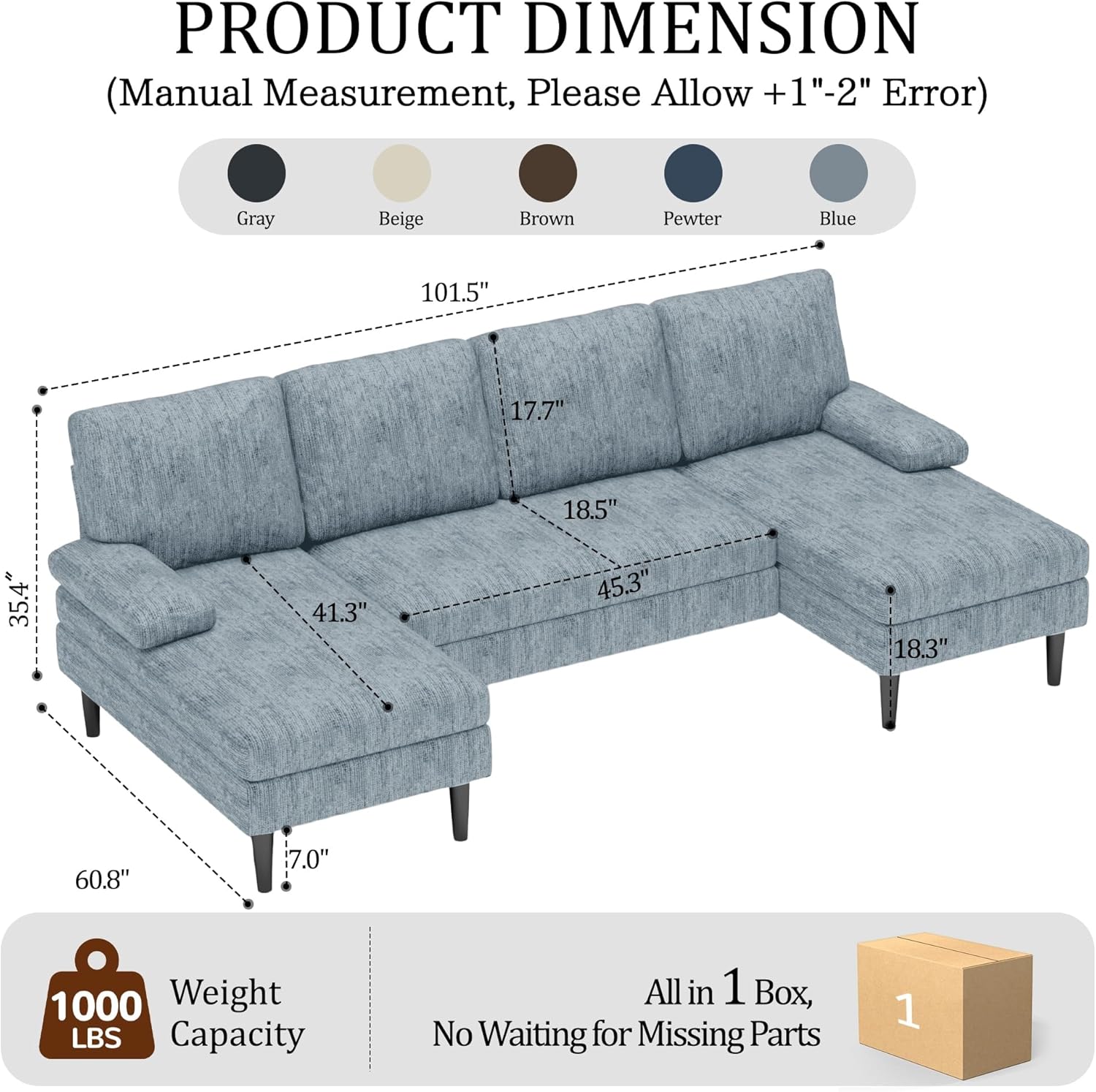 Korser U-Shaped Sectional Couches for Living Room, 101 Inch Modern Modular Sofa with Double Chaise Lounge, Comfy Chenille Fabric 4-Seat Couch Set for Apartment, Pewter