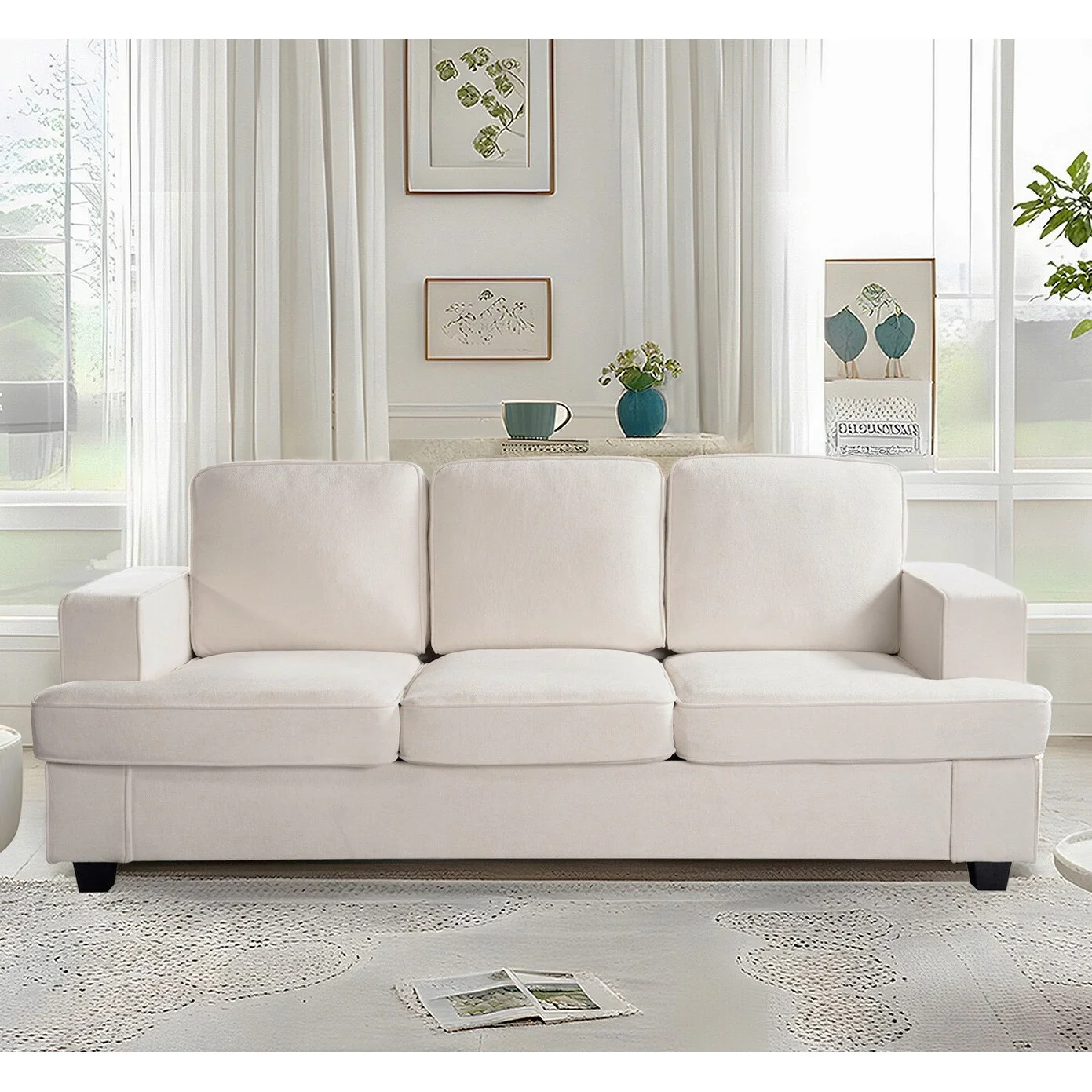 Modern Velvet Sofa, Comfortable 3 Seater Couch With Deep Seating And High-Density Foam, Loose Back Cushions