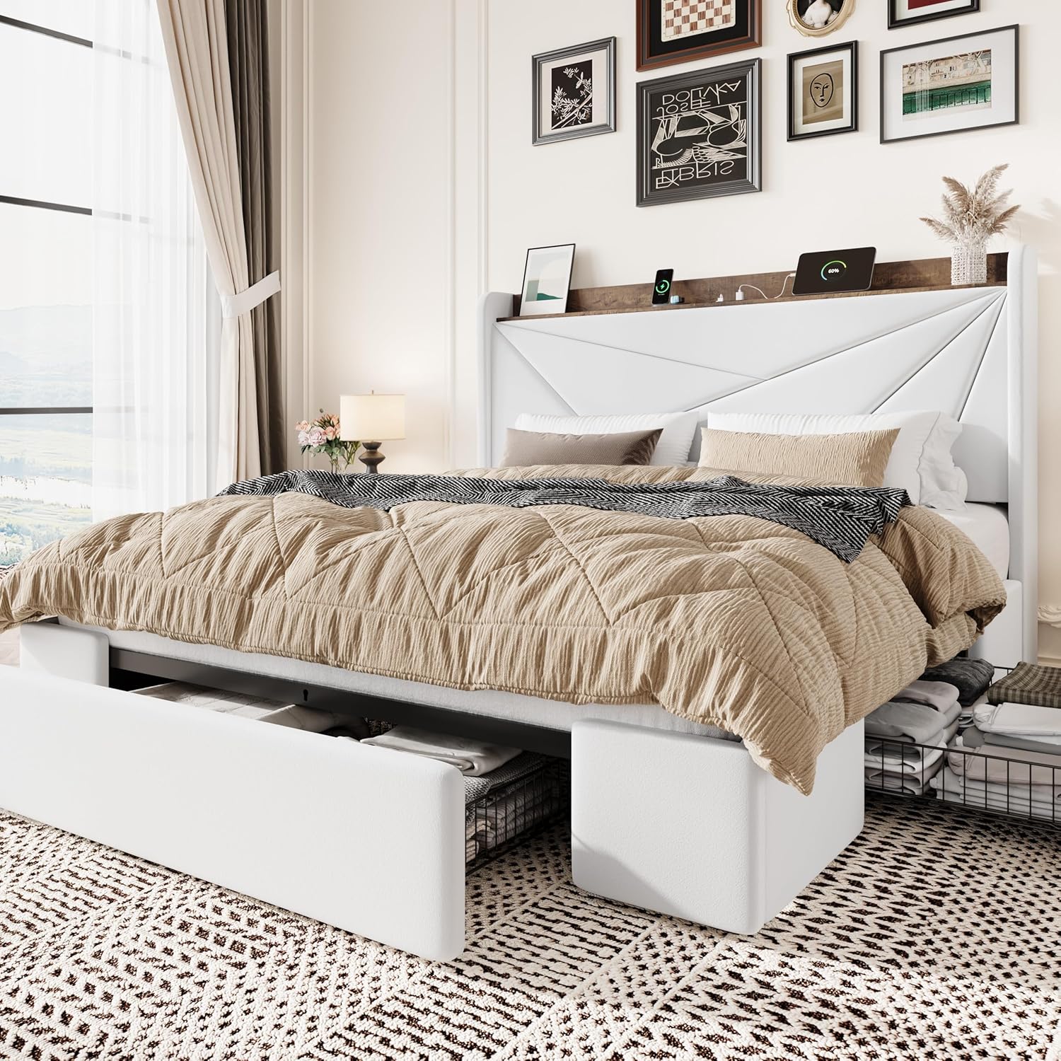 SHA CERLIN Full Size Bed Frame with 3 Drawers, USB & Type-C Charging Ports, Velvet Upholstered Platform Bed with Modern Geometric Wingback Storage Headboard, No Box Spring Needed, Easy Assembly, White