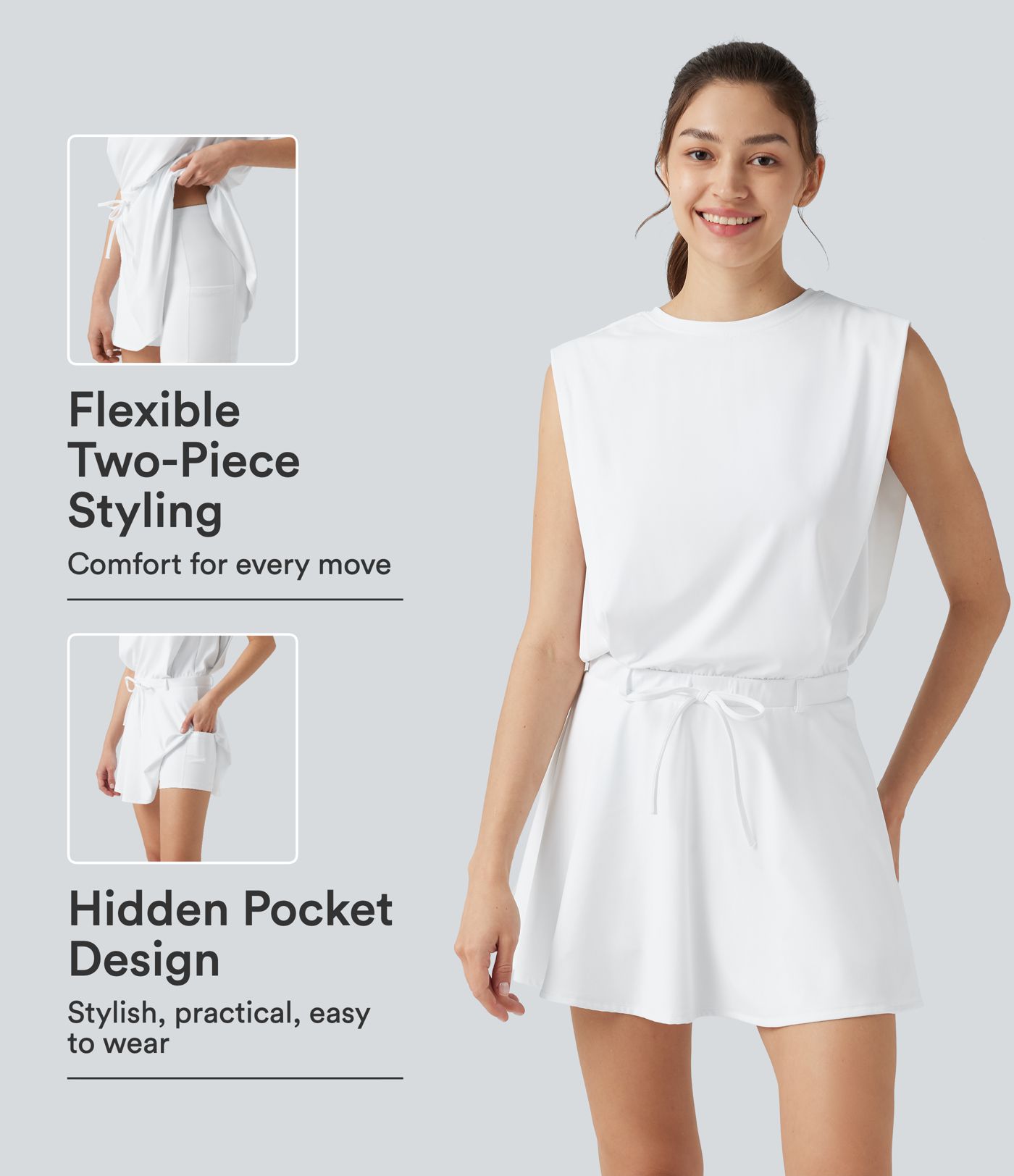 Robe de sport mini SoftlyZero™ Airy effet frais InstantCool sans manches, col rond, cordon ajustable, short amovible avec poches, protection solaire UPF50