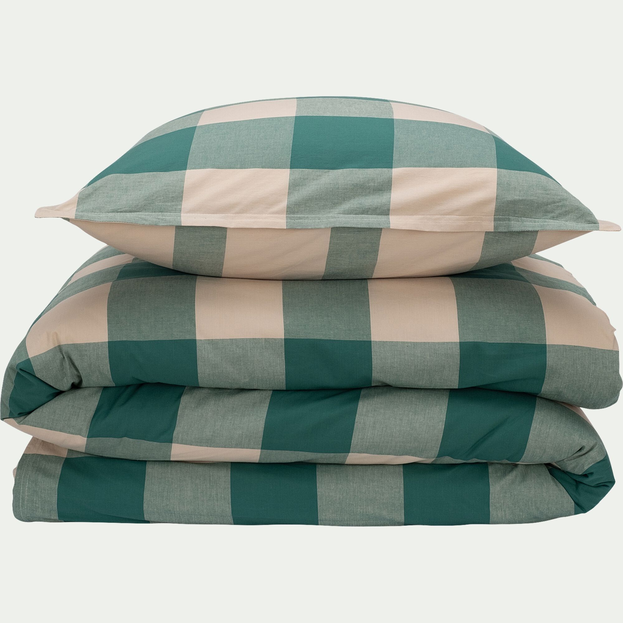 QUADRA - Housse de couette 240x220cm et 2 taies d'oreiller 63x63cm en coton lavé - vert