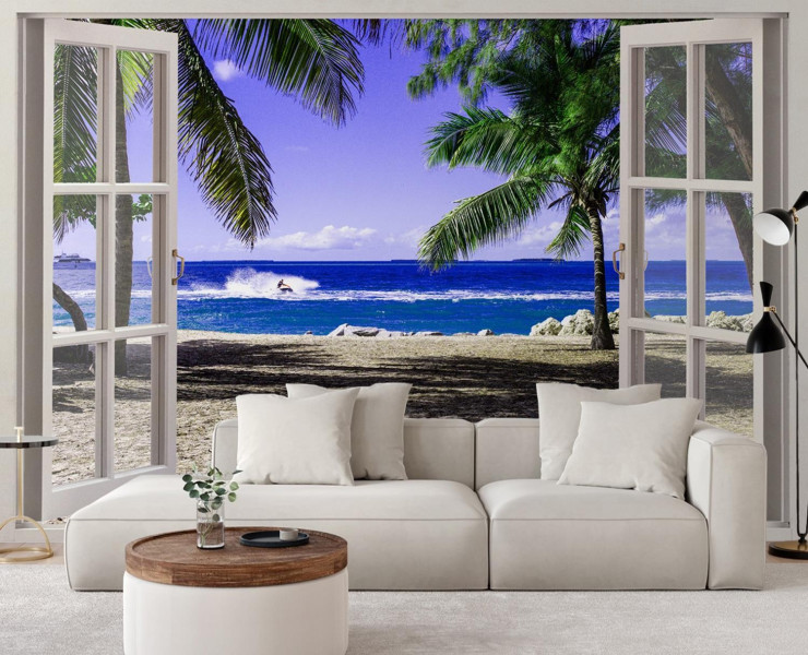 Feeby Fototapeta, Okno z widokiem na tropikalną plażę 140x100